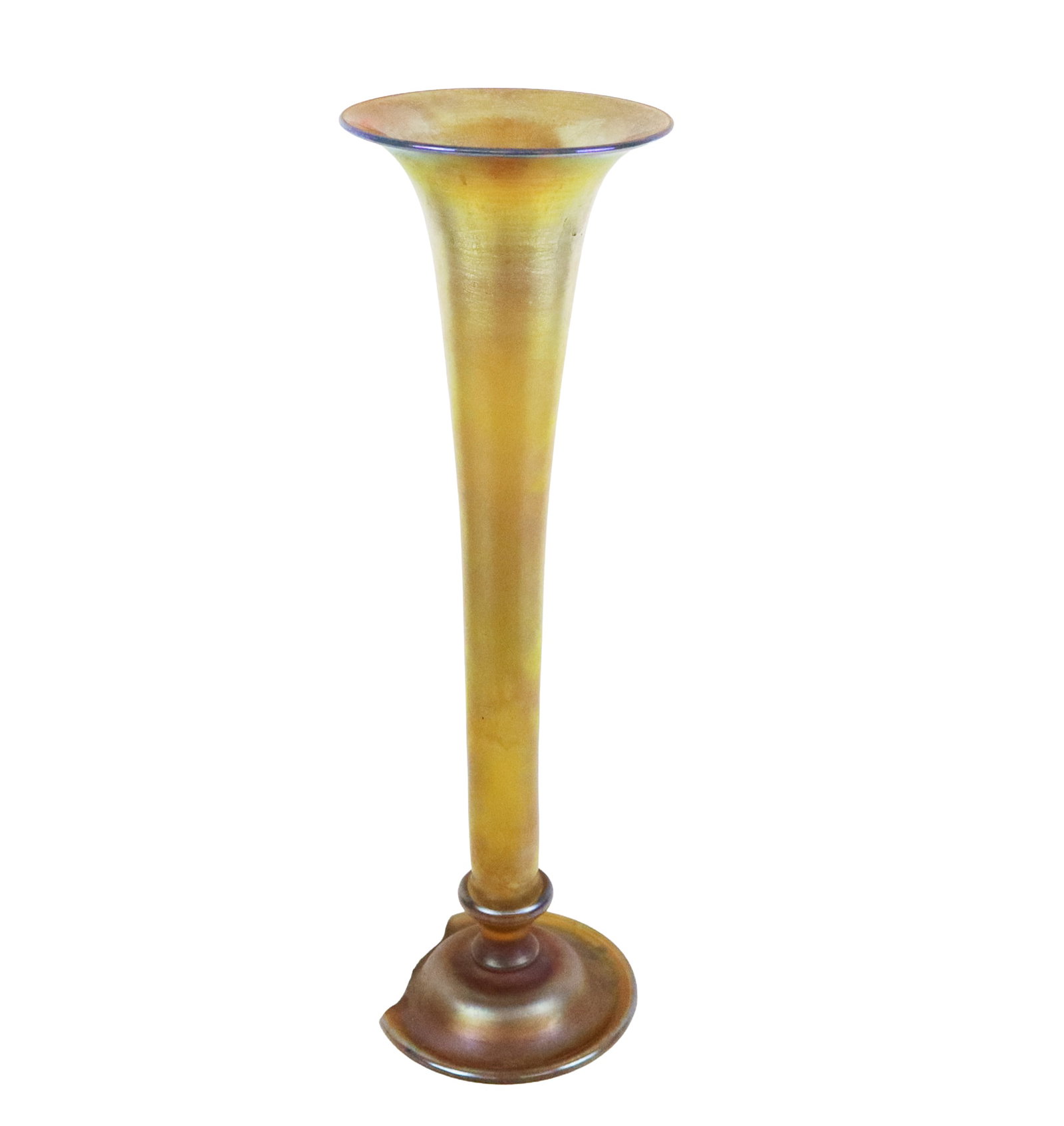 Louis Comfort Tiffany Favrile Glass Trumpet Vase: Louis Comfort Tiffany Favrile glass trumpet vase, probably first quarter of the 20th century, circa 1920, in rich golden iridescent colors, signed "2193 K L.C. Tiffany - Favrile". [18" H x 5.75" Diame