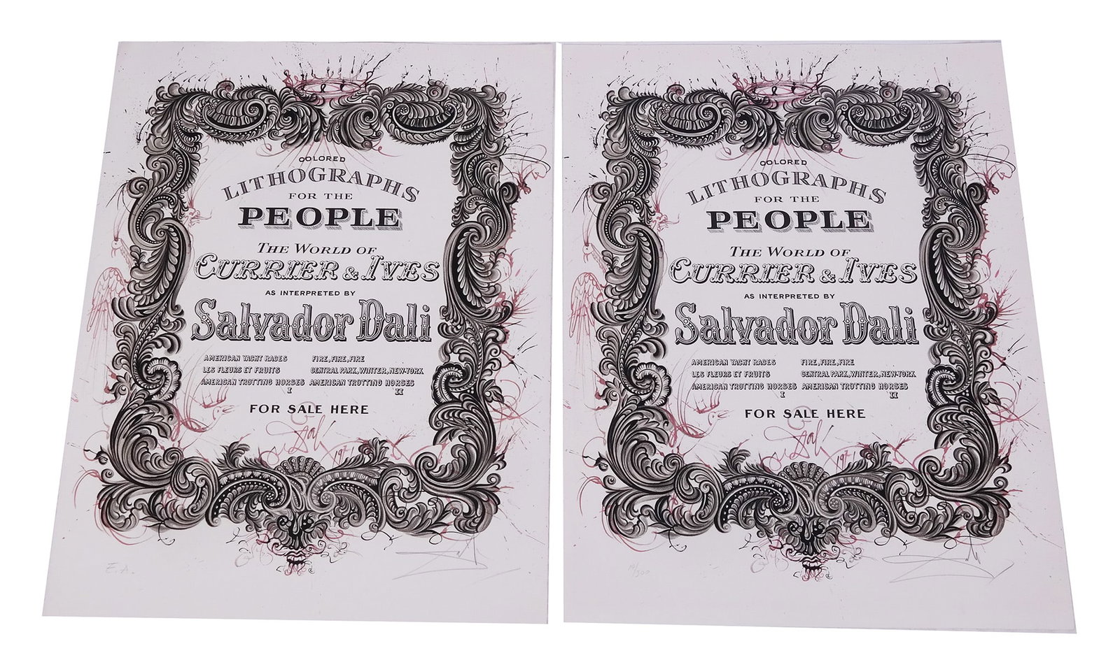 2 Salvador Dali Currier & Ives Signed Lithographs: Set of two signed limited edition lithographs on Arches paper from "The World of Currier & Ives as Interpreted by Salvador Dali," 1971. Each sheet pencil signed lower right and editioned lower left "2