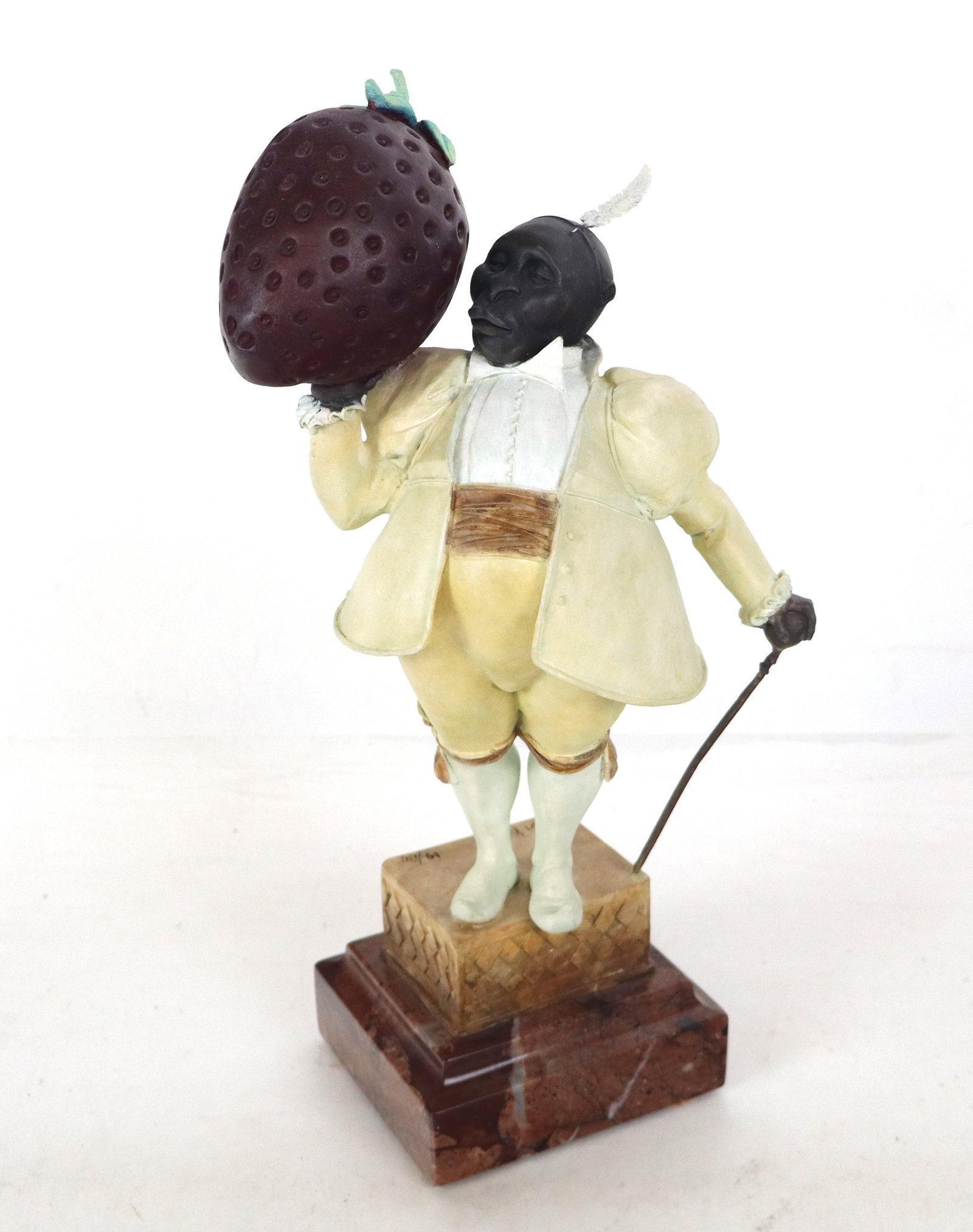 Michael PARKES "The Strawberry Collector" Bronze: Michael Parkes (American, b. 1944) "The Strawberry Collector" cold painted bronze sculpture with marble base, signed on bronze base "Parkes 14/80". [11.5" H x 6" W x 5" D]. Overall condition is good w