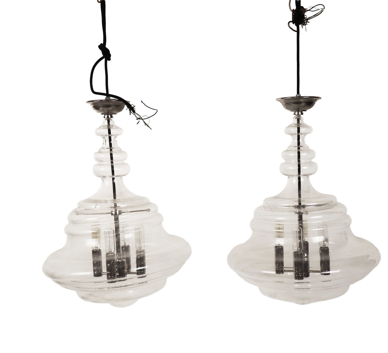 Pair of Modern Chrome and Glass Chandeliers: Pair of modern chrome and glass chandeliers, 20th century, with four lights to interior. [Fixture only: 26" H x 16" Diameter]. Condition to each is good; wiring untested.