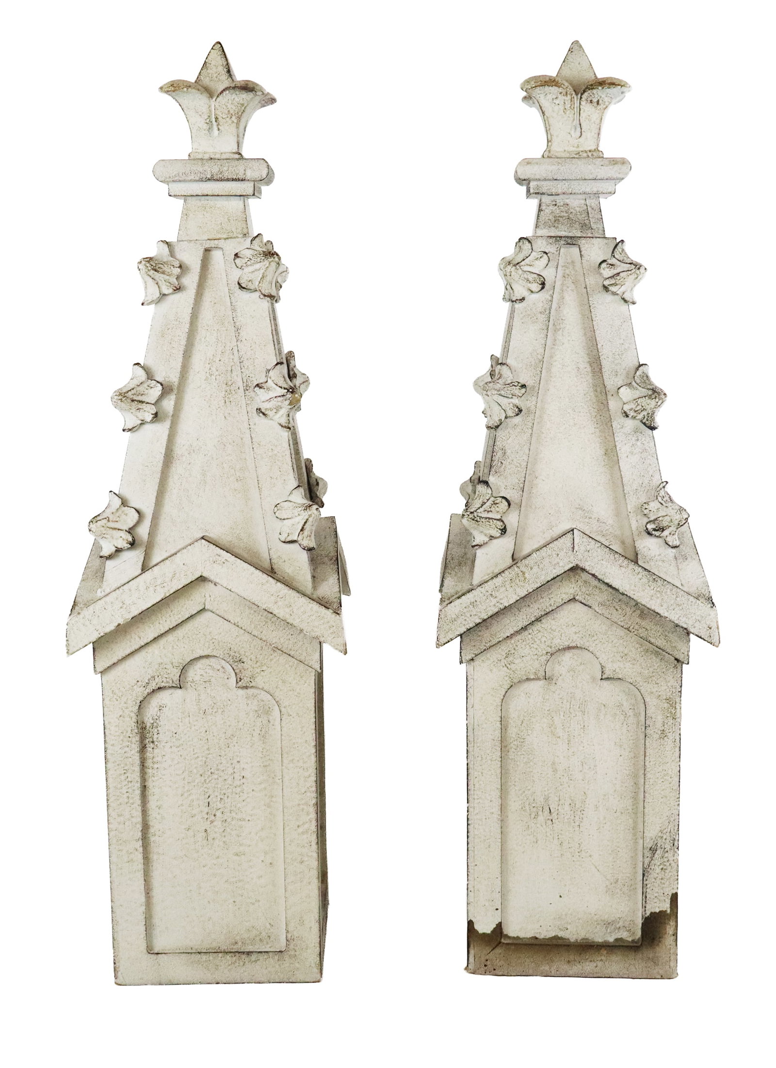 Pair of Spire Form Ornaments after the Gothic: Pair of spire form ornamental objects, 21st century, in composite wood with a veneer finish. [27" H x 7.5" Square]. Condition is good. From the esteemed collection of Neil Zukerman former owner CFM Ga
