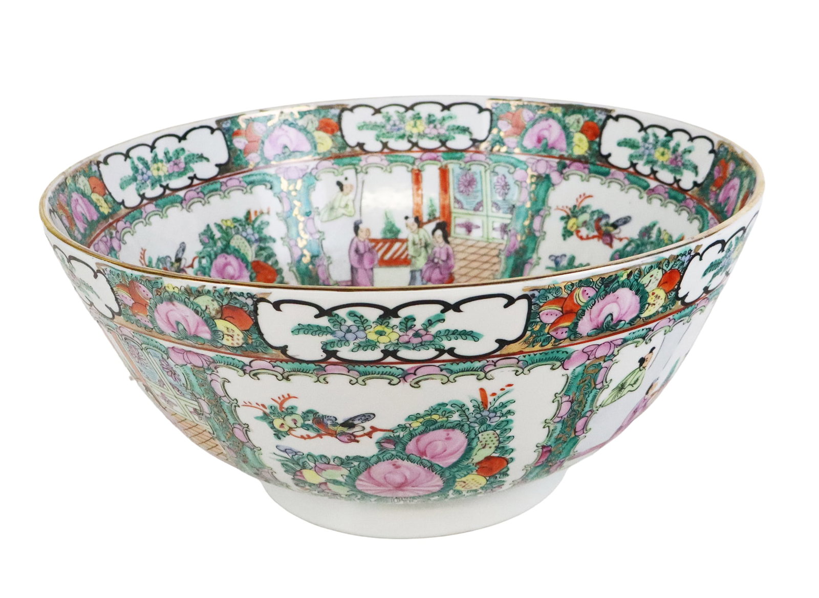 Chinese Export Punch Bowl: Chinese export punch bowl, late 20th century, with figural designs, unmarked. [7" H x 14" Diameter]. Condition is good with some minor losses to decoration. From the esteemed collection of Neil Zukerm