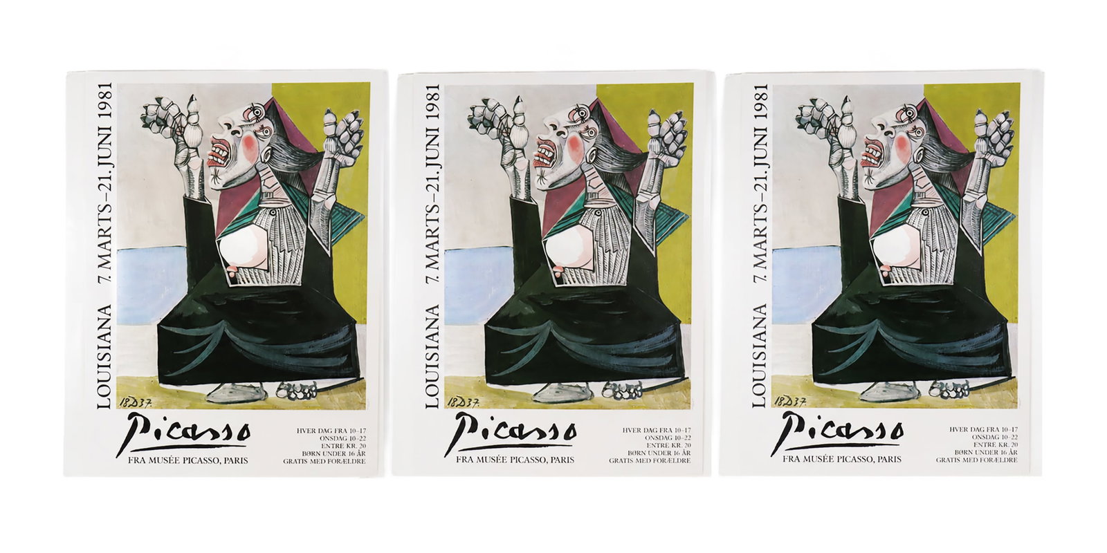 3 Pablo Picasso "La Suppliante" Art Posters: Group of three vintage art poster prints for 1981 exhibition "Picasso fra Mus?e Picasso, Paris" at the Louisiana Museum of Modern Art, Denmark, depicts Picasso's "La Suppliante," published by Grafodan