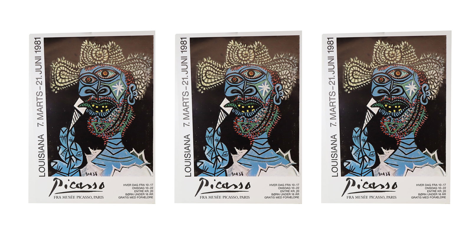 3 Pablo Picasso "T?te de Faune" Art Posters: Group of three vintage art poster prints for 1981 exhibition "Picasso fra Mus?e Picasso, Paris" at the Louisiana Museum of Modern Art, Denmark, depicts Picasso's "T?te de Faune," published by Grafodan
