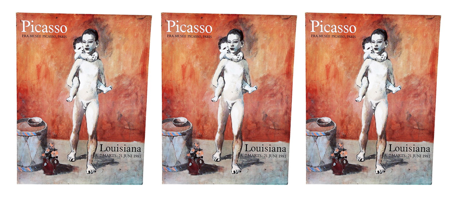 3 Pablo Picasso "Les Deux Fr?res" Art Posters: Group of three vintage art poster prints for 1981 exhibition "Picasso fra Mus?e Picasso, Paris" at the Louisiana Museum of Modern Art, Denmark, depicts Picasso's "Les Deux Fr?res," published by Permil