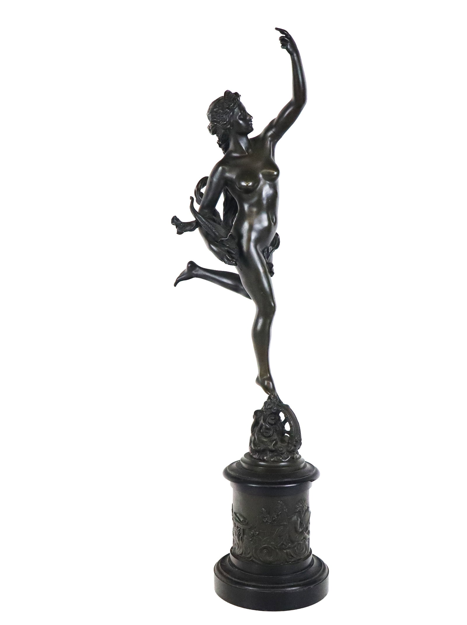 After Giambologna Bronze on Marble: After Giambologna bronze of a female figure, circa early 20th century, holding a cornucopia and on a bronze and marble base, marked J. De Bologna to lower. [34" H x 8" W x 18" D]. Condition is good wi