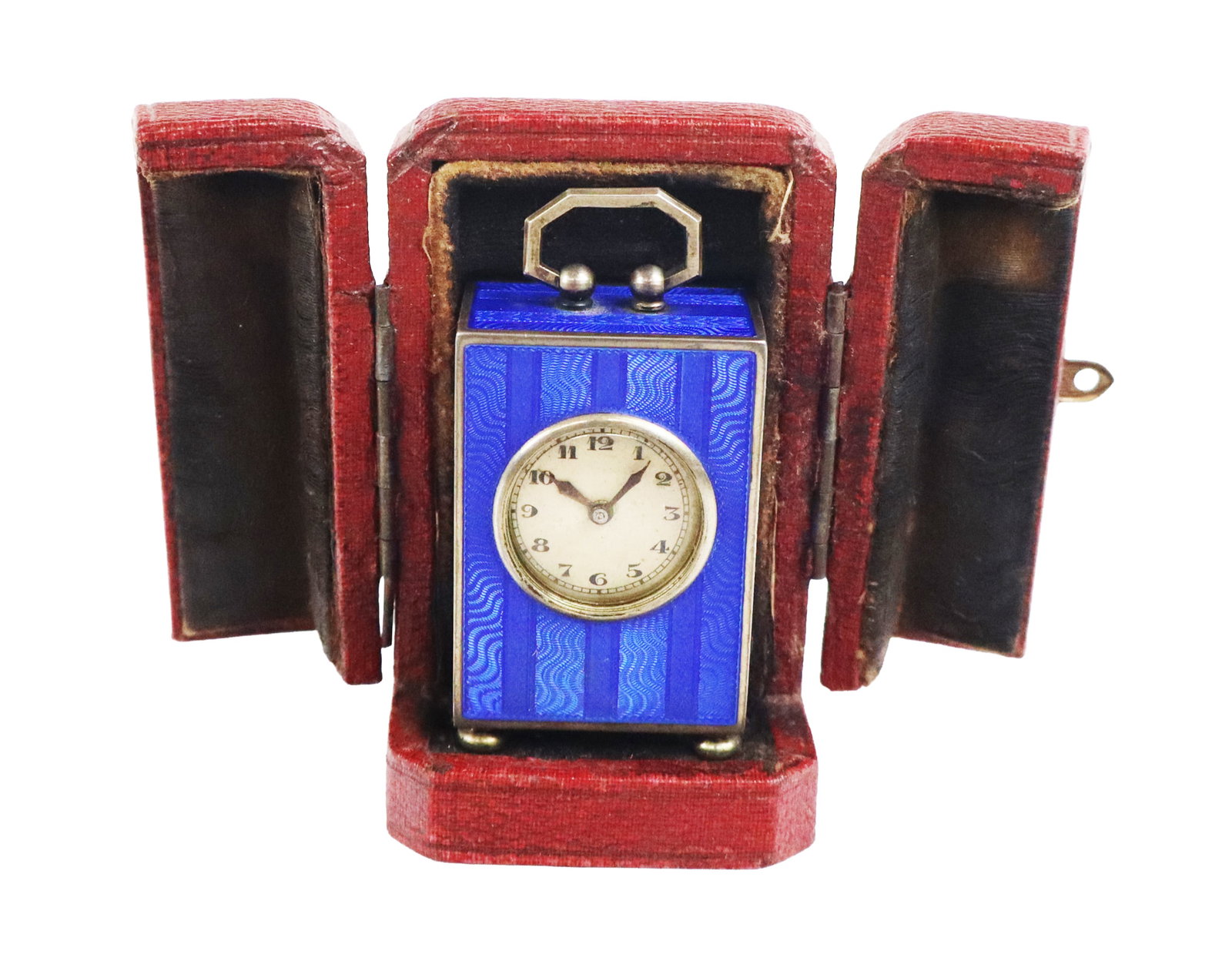 Stylo Silver & Guilloche Miniature Carriage Clock: Stylo silver and cobalt-blue guilloche enamel miniature carriage clock, Swiss, 1881-1933, in a fitted case with key, mark to base and interior door Argent 0.935 2371. [Clock: 1.25" H x 1 1/8" W x .75"