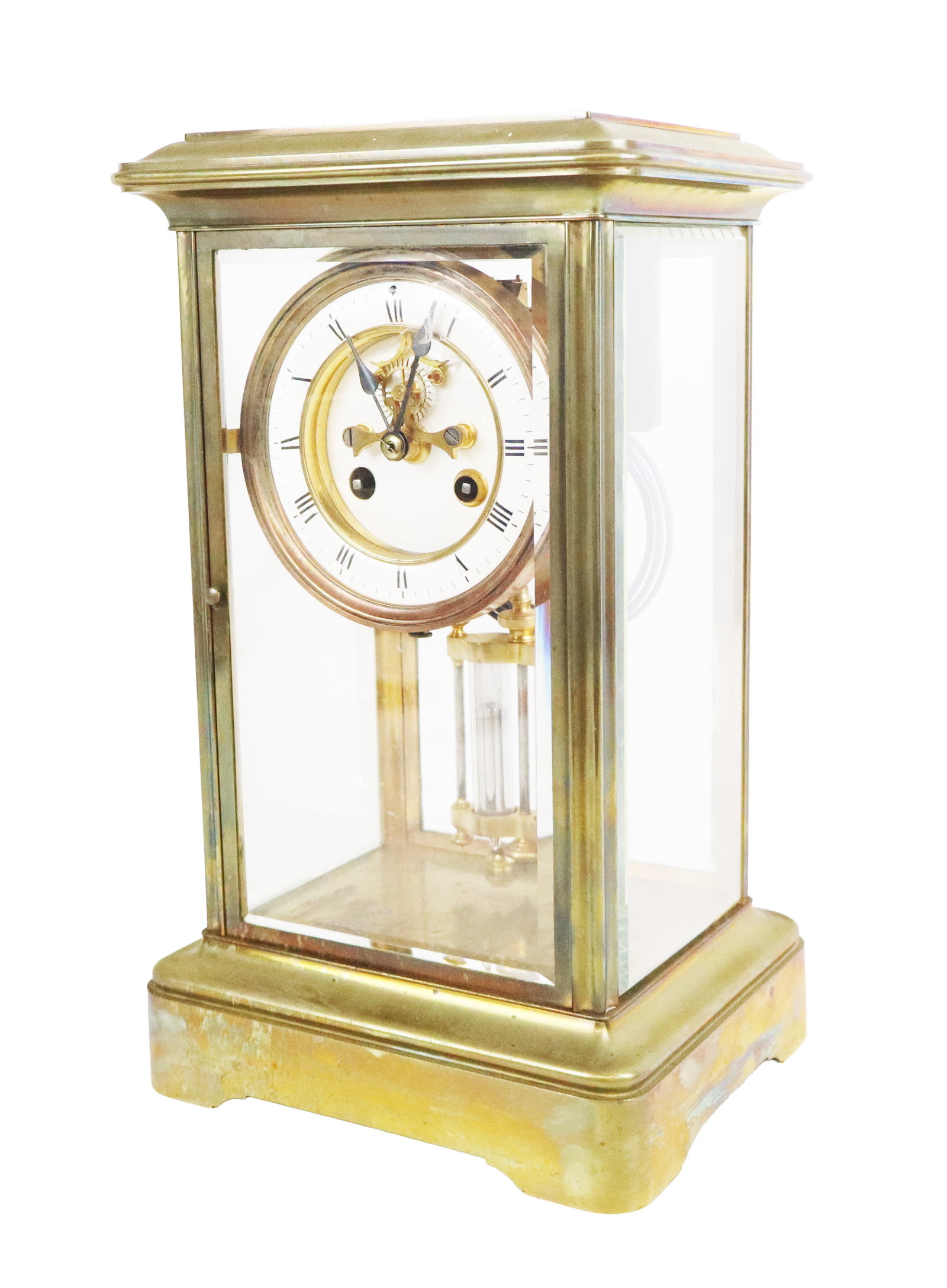 Regulator Clock: Regulator clock, American, 19th century, in a brass case, with enameled dial and beveled glass to each side, mercury pendulum to interior, works unmarked, key included. [13" H x 8" W x 6.5" D]. Condit