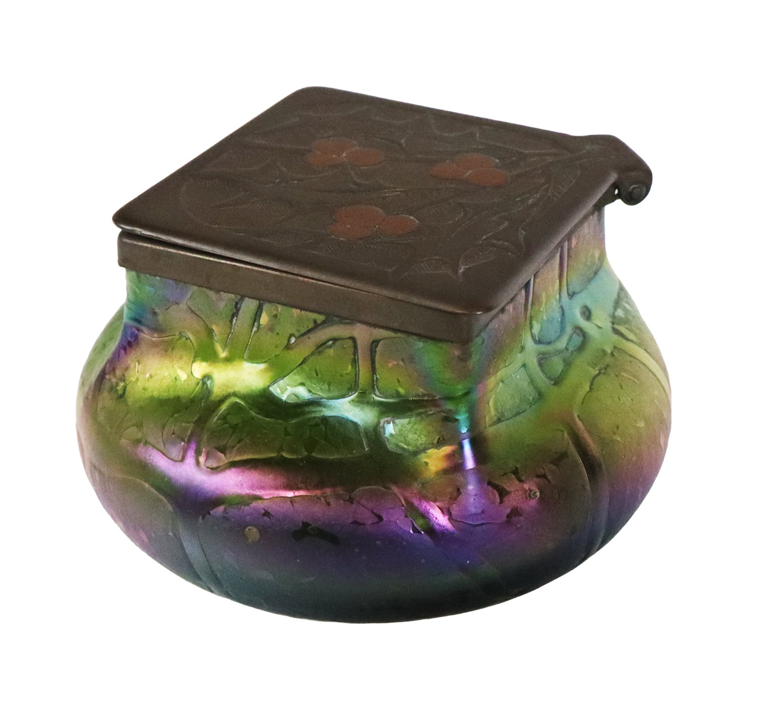 Art Nouveau Iridescent Glass and Bronze Inkwell: Art Nouveau iridescent glass inkwell, Austria, circa 1900, with a bronze and decorated lid, signed Loetz to base, possibly spurious, and marked DRGM (Deutsches Reichsgebrauchsmuster) to interior lid. 