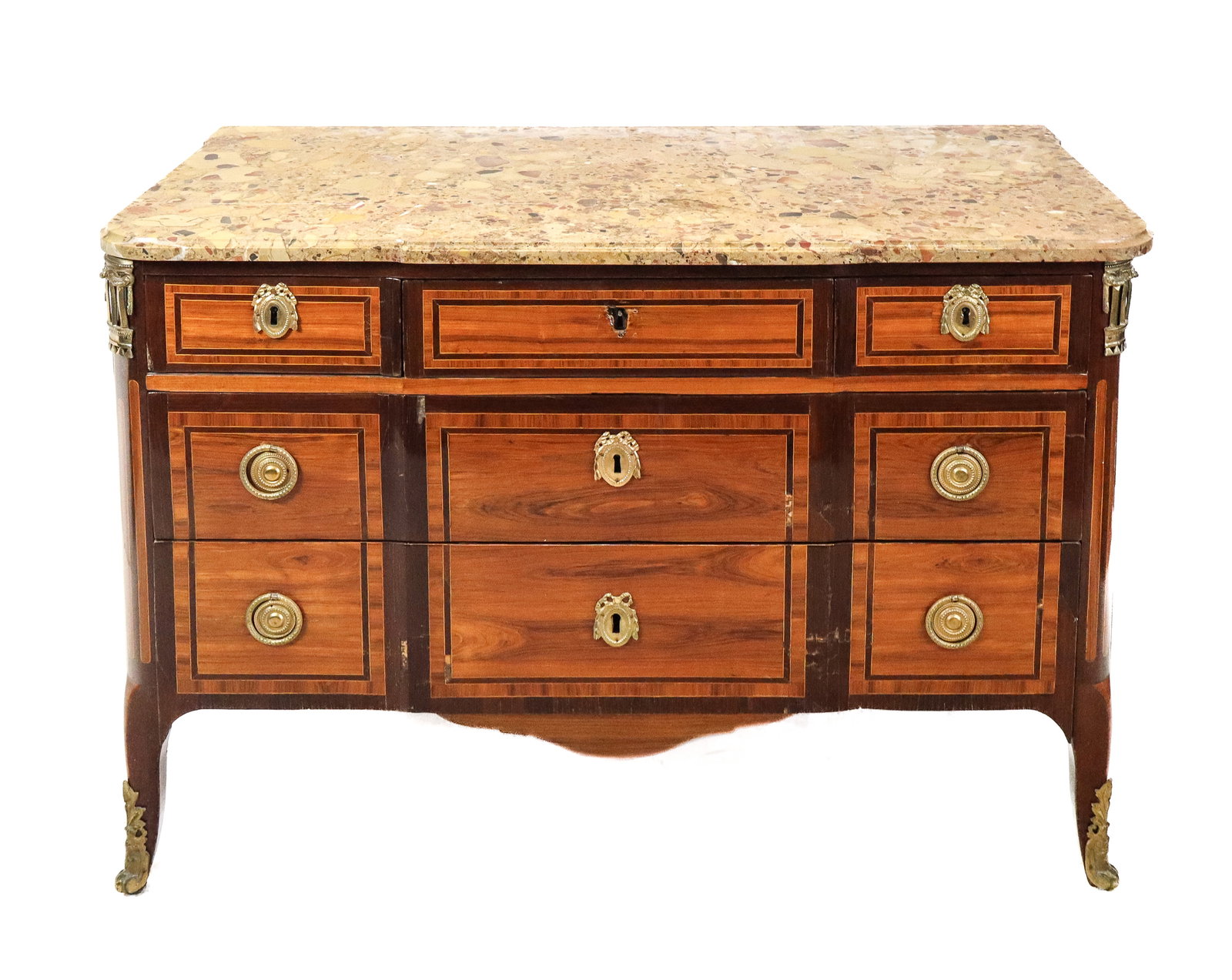 Antique French Regence Five Drawer Commode: Antique French Regence commode, marble top being slightly block front and beveled, over 5 line inlaid and cross banded mahogany drawers with bronze escutcheons, inlay columnar sides and bronze mounted