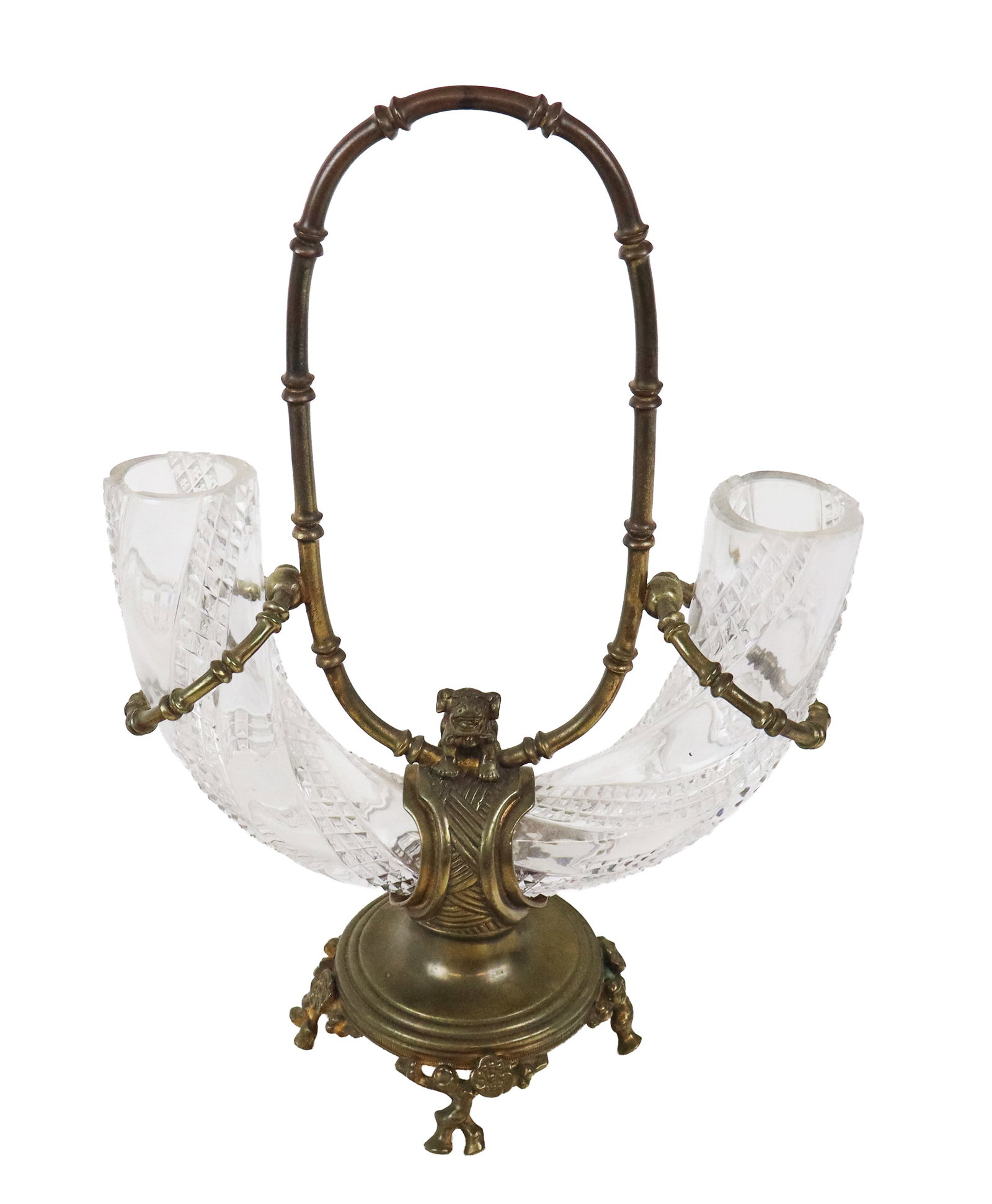 Baccarat Figural Brass and Crystal Epergne: Baccarat brass and cut crystal epergne, 20th century, with foo dog, and cherry blossom details to base, marked Baccarat at underside. [13" H x 9" W x 5" D]. Condition is good with losses to lower of c