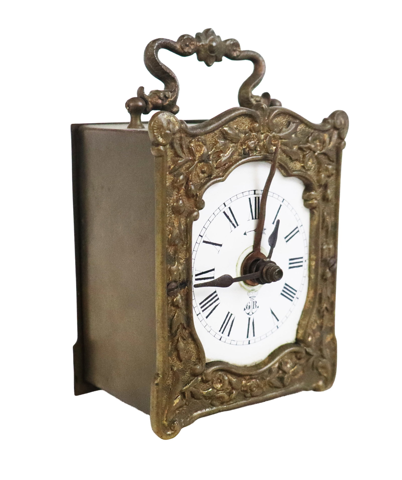 Gustav Becker Alarm Clock: Gustav Becker alarm clock, Germany, 19th century, with a brass floral decorated case and enamel dial, marked GB to face and to reverse. [5.5" H x 3" W x 2" D]. Condition is good with heavy patina and 