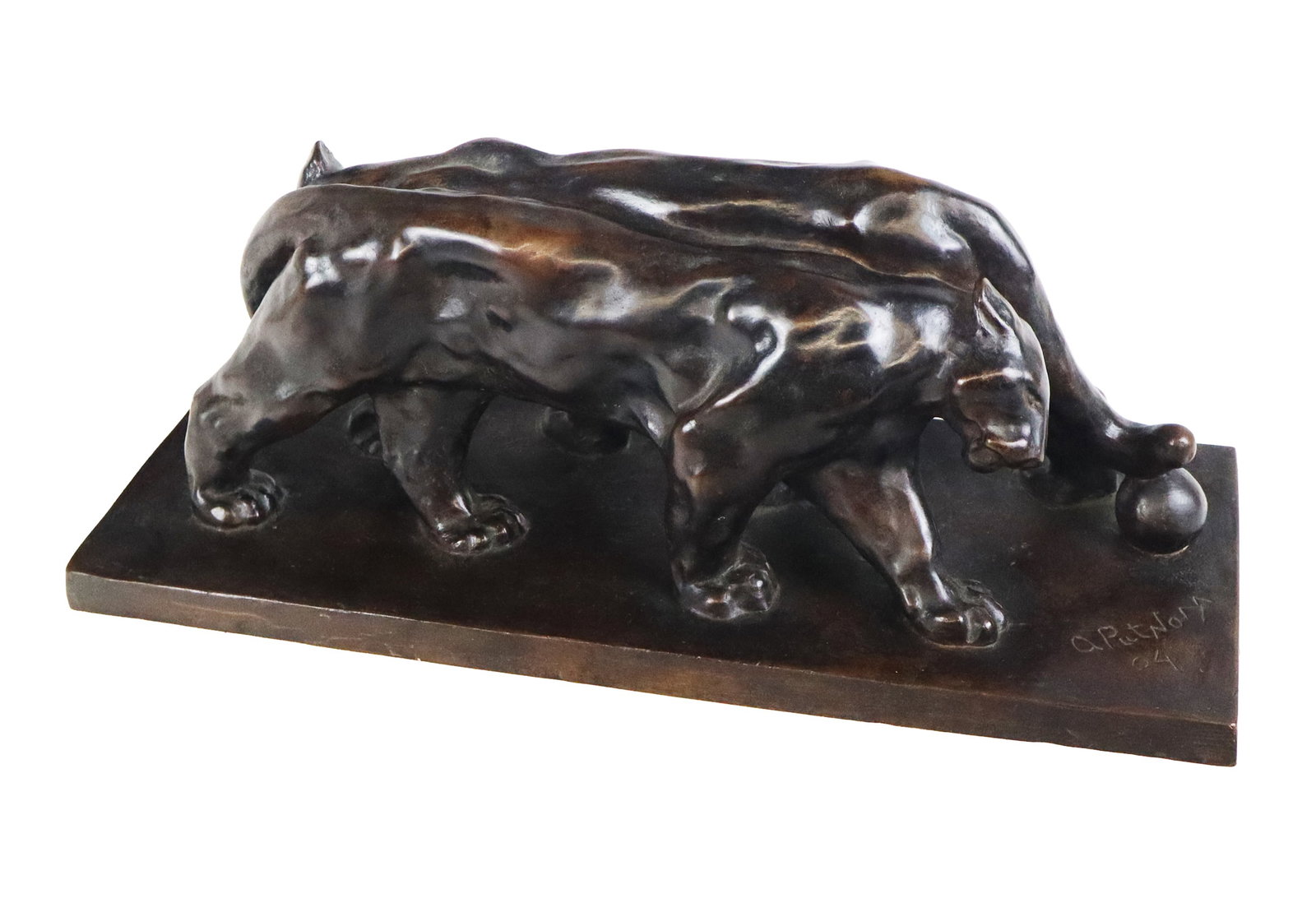 Arthur PUTNAM "The Lovers..." Bronze Group: Arthur Putnam (American, 1873-1930), "The Lovers, Nuzzling Pumas," bronze group, 1904, signed A. Putnam, with date, and C and other obscured marks to other side. [7" H x 18.5" W x 7.25" D]. Condition 