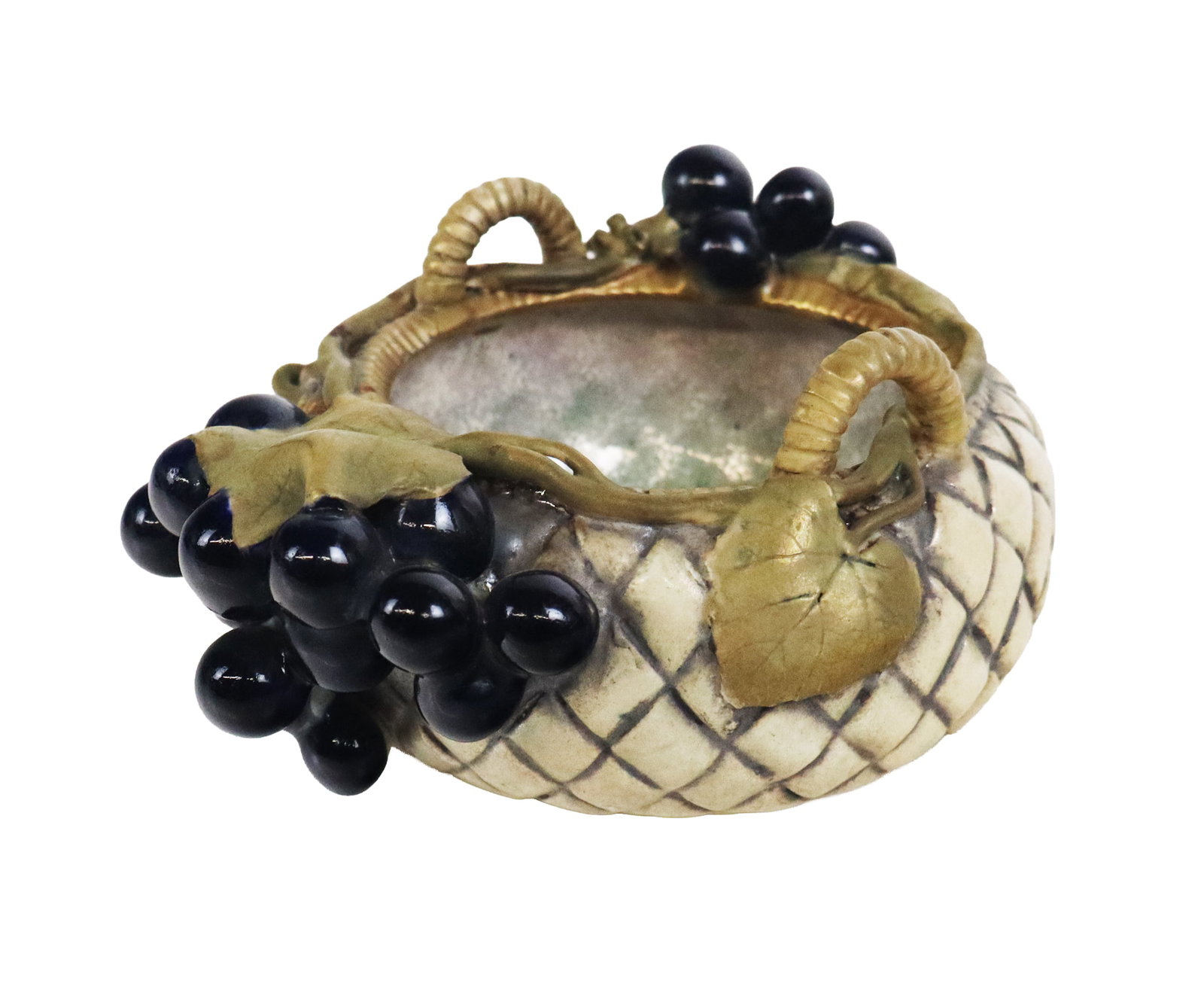 Paul Dachsel Art Nouveau Ceramic Grape Basket Bowl: Paul Dachsel art nouveau amphora ceramic bowl designed as an organic basket with grape clusters, leaves and vines, Turn Teplitz, Austria, circa 1900, base marked with maker's stamp and impressed 2003 