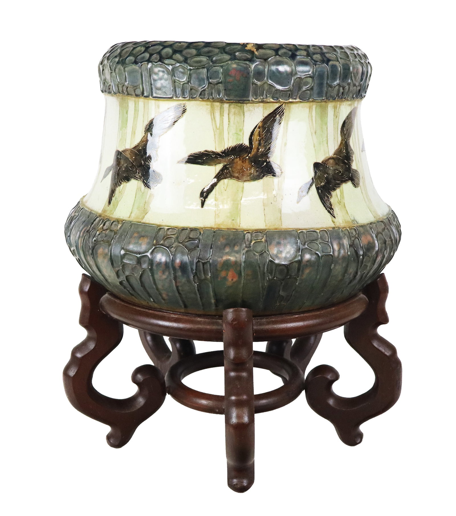 Art Nouveau Amphora Iridescent Jardiniere: Art Nouveau amphora iridescent and flying duck jardiniere, probably Austrian, first quarter of the 20th century, of circular outline the top and bottom band composed of iridescent faux-stained glass d