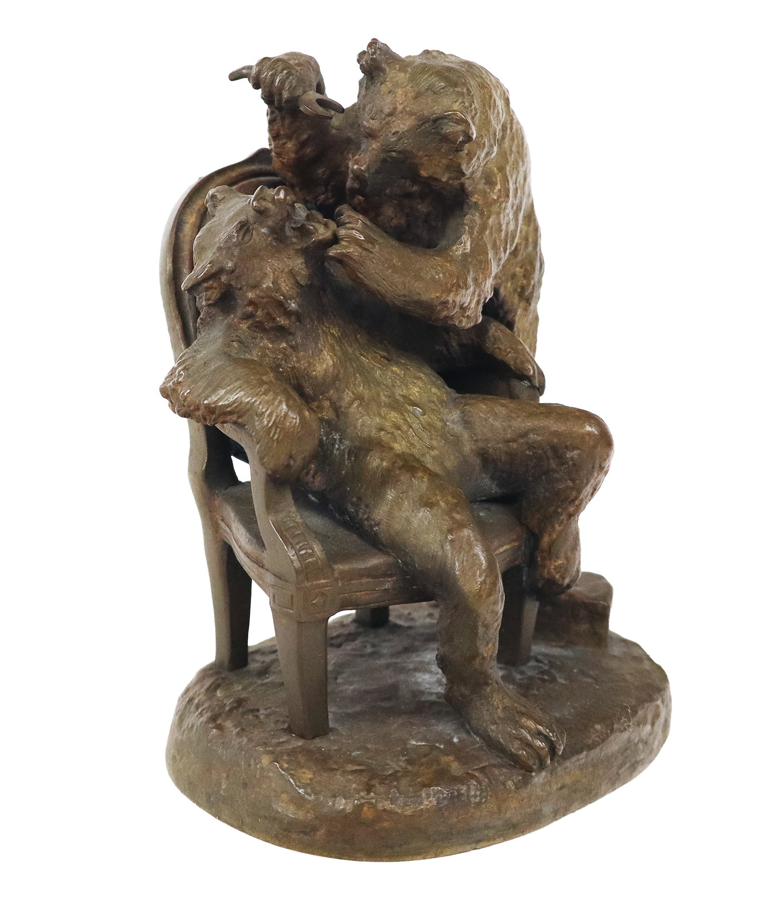 After Christophe FRATIN "Ours Dentiste" Bronze: After Christophe Fratin "Ours Dentiste" or "Dentist Bear' bronze group, marked Fratin Scpt. to lower, foundry mark absent. [6.5" H x 4.5" W x 4" D]. Condition is good with some verdigris at underside.