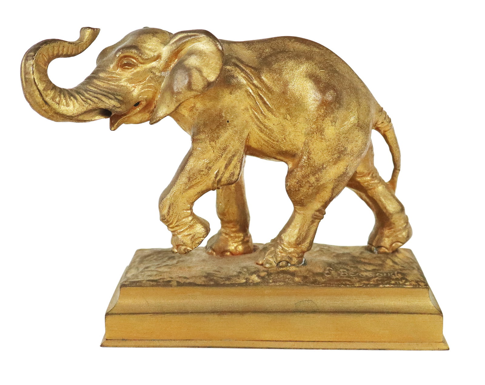 Eugene BERNOUD Gilt Bronze Elephant: Eugene Bernoud (France, b. 19th century) gilt bronze sculpture of an elephant, circa 1890, signed E. Bernoud to lower. [4.5" H x 5' W x 3" D]. Condition is good.