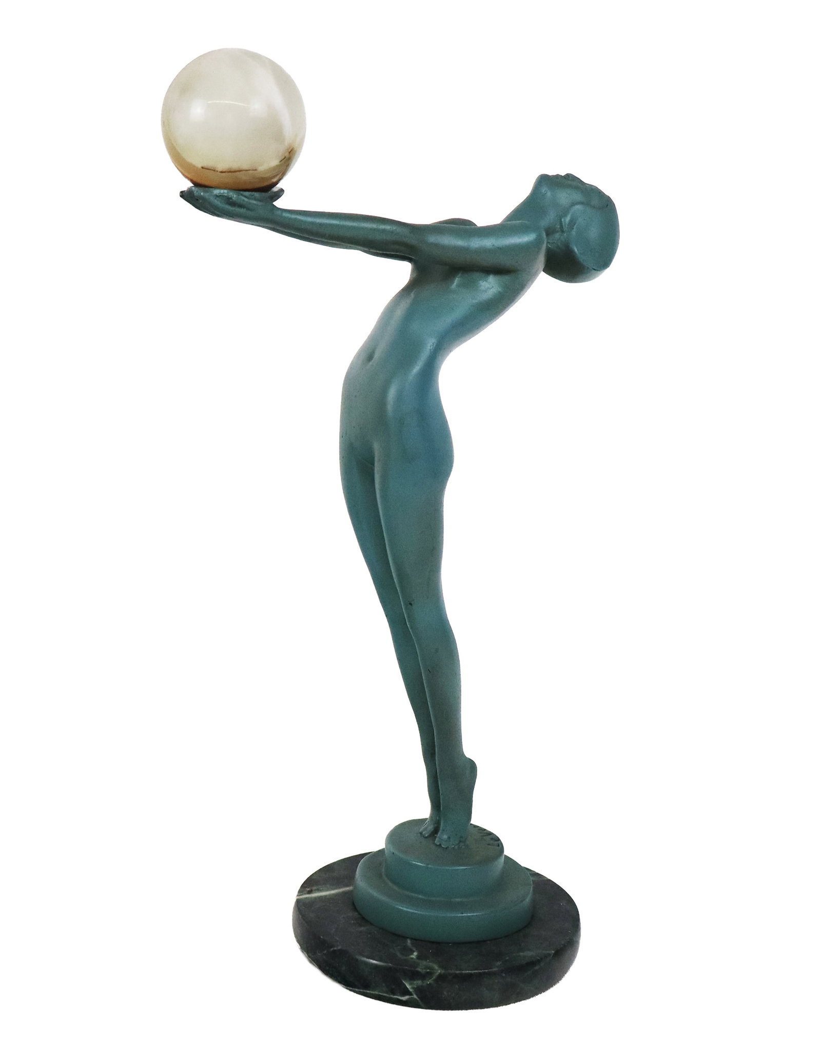 After Le Verrier Art Deco Bronze and Stone Figure: After Max Le Verrier bronze "Clarte" figure in the Art Deco style, with stone detail and marble base, signed to lower. [12.5" H x 8" W x 4.5" D]. Condition is good with some losses to paint.