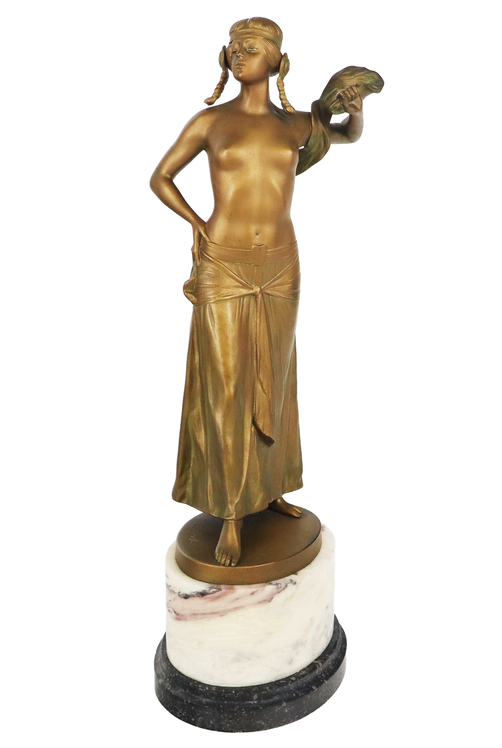 Victor Heinrich SEIFERT "Tanzende Salome" Bronze: Victor Heinrich Seifert (Austria, 1870-1953) gilt bronze "Tazende Salome" or "Salome Dancing" on a marble bae, signed Seifert to lower. [18.5" H x 7.5" W x 7.5" D]. Condition is good with some verdigr