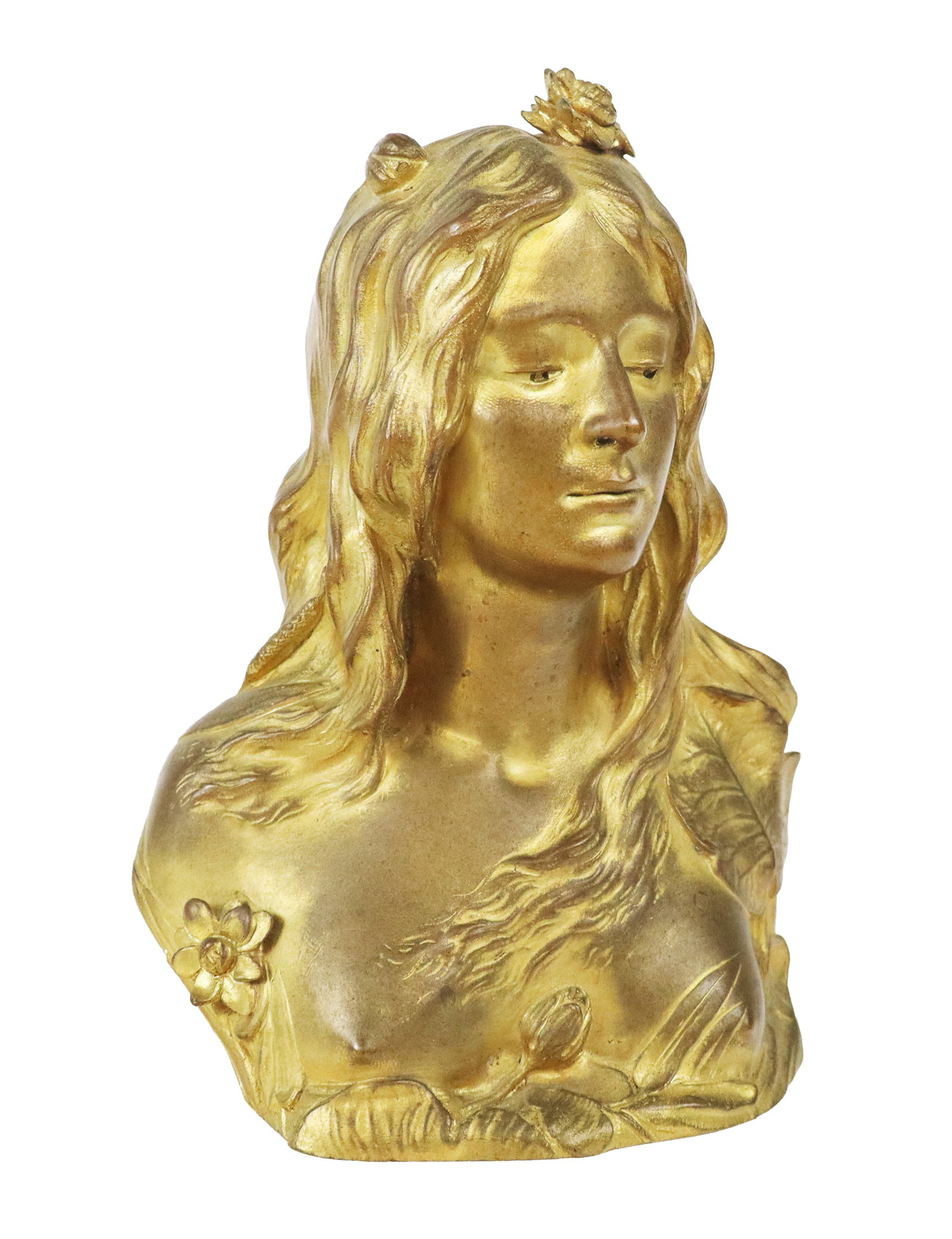 Leopold Pierre Antoine Savine Art Nouveau Bronze: Leopold Pierre Antoine Savine (France, 1861-1934) "Ophelia" bronze dore Art Nouveau bust, signed L. Savine to left side at shoulder, and with Louchet Foundry stamp to lower reverse. [7" H x 5" W x 3" 