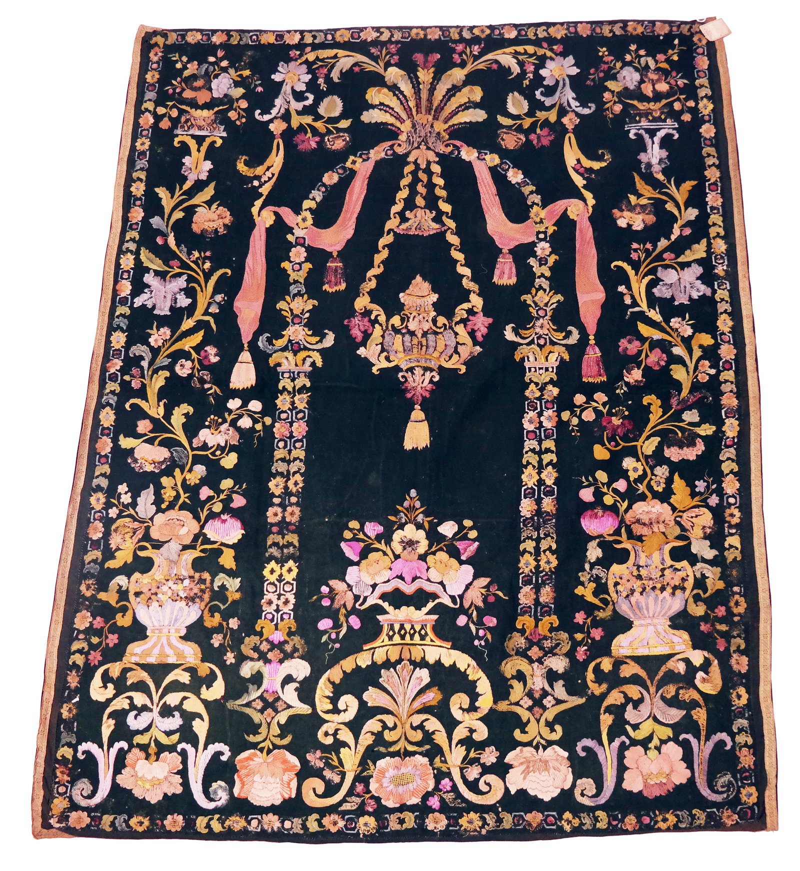 Baroque Silk Embroidered Wool Panel, Circa 1700: A Baroque silk embroidered wool panel having silk embroidery on green felted wool with design of symmetrical arch hanging lamp, flowers, and urns, trimmed in metallic ribbon, with modern lining, circa