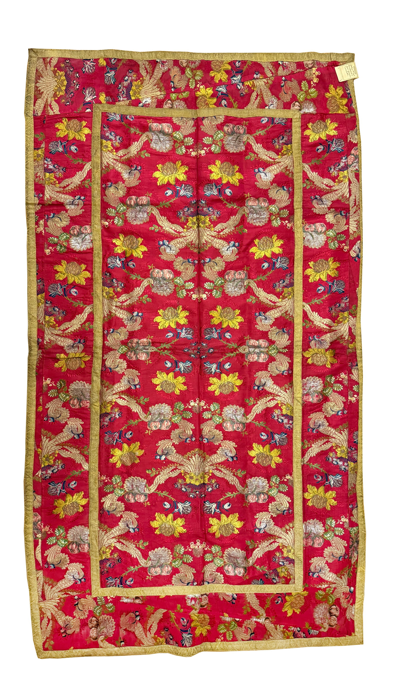 18th C. Italian Silver Brocaded Silk Cover: Berry red figured silk with floral pattern containing dense silver brocading. Lined with silk and finished with edging.; Italian (?); ca. 1750s. Provenance: Dalva Brothers, Inc. [63.5 x 35.75 in. (161