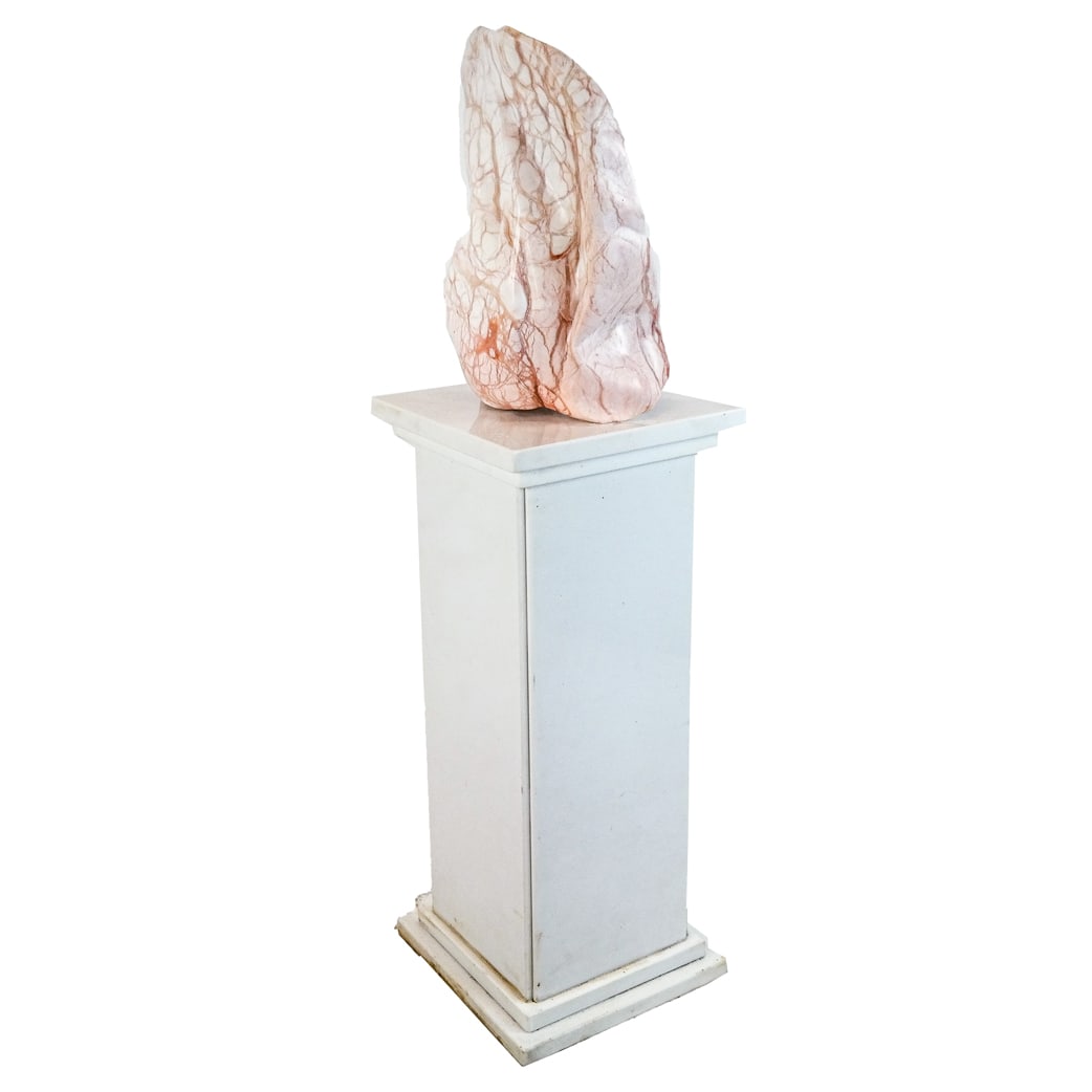 Pearl JACOBS Modern Abstract Marble Sculpture: Modern abstract marble sculpture in the manner of Constantin Brancusi, by a contemporary artist - Pearl Jacobs (Long Island artist) in pink and white marble with amorphic / flame outline, on a white s
