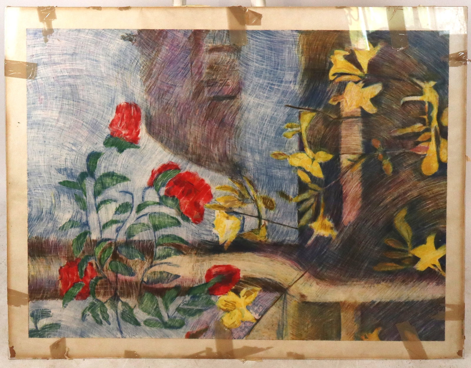 Juan GOMEZ QUIROZ Floral Lithograph: Juan Manuel Gomez-Quiroz (Chilean, 1939-2021) color lithograph depicting an abstract linear composition of colorful flowers set against a window, pencil signed and dated lower right ?Gomez Quiroz / 81