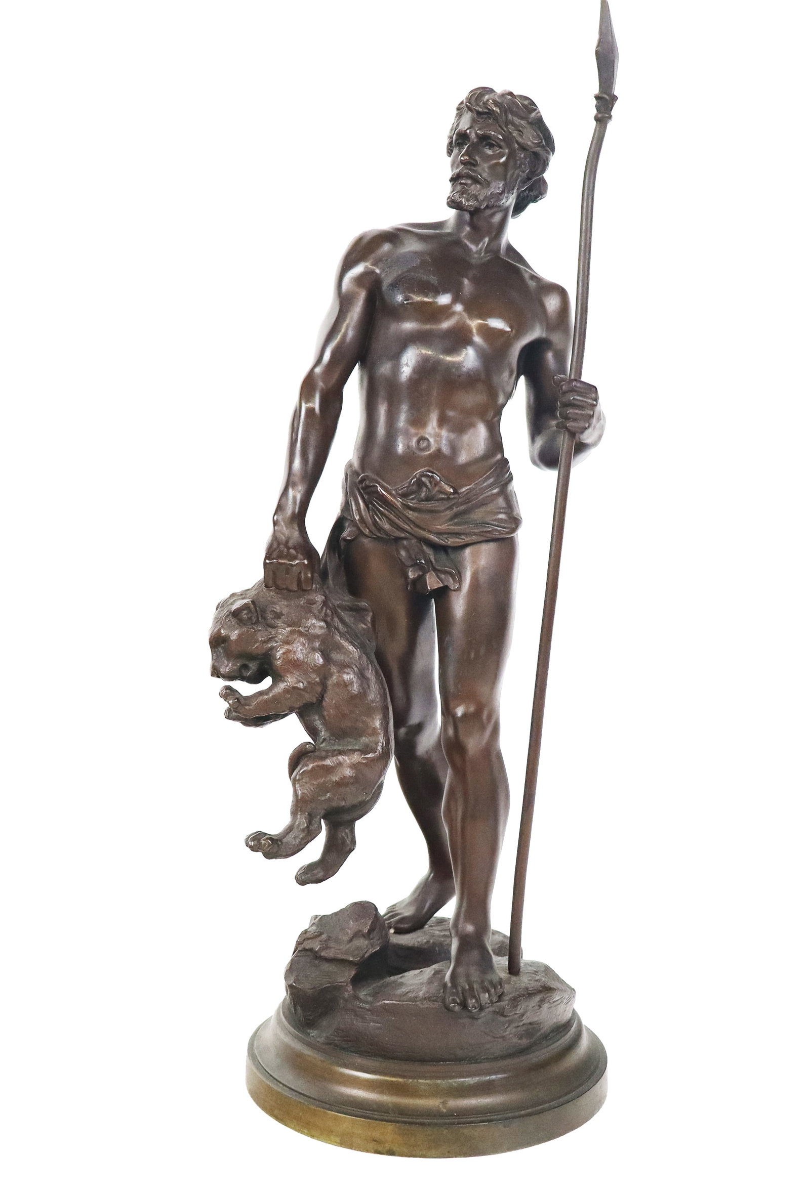 Jean Didier DEBUT "Nemrod" Bronze: Jean Didier Debut (France, 1824-1893) "Nemrod" bronze on a base, signed Debut to lower at one side, on an affixed bronze base. [16" H x 5.75" W x 5.5" D]. Condition is good with some surface wear and 