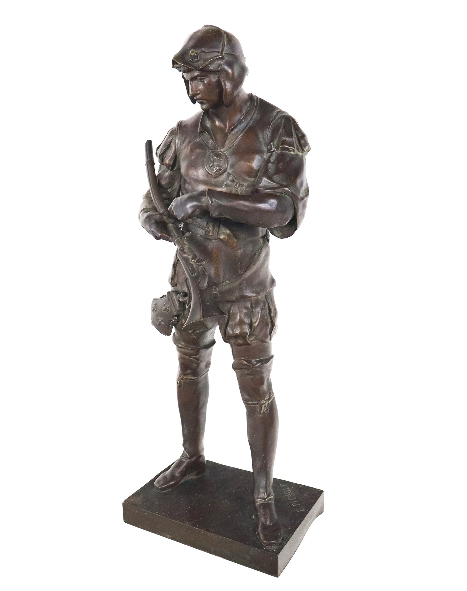 Emile Louis PICAULT Bronze Renaissance Soldier: Emile Louis Picault (France, 1833-1915) bronze of a Renaissance soldier, signed E. Picault to lower reverse. [19" H x 8" W x 4.5" D]. Condition is good with surface wear and a bend to firearm.
