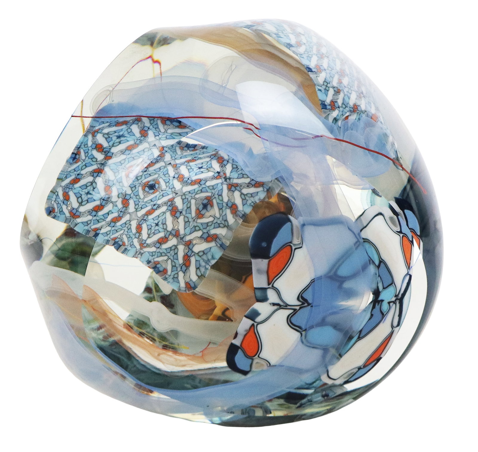 Richard Ritter Art Glass Murrini Sculpture: Richard Ritter art glass Murrini multisided sculpture, of egg form sliced by four planes, signed and numbered on base "Richard Ritter YC-287". [7.75" H x 7.75" W x 6.6" D].Overall condition is good, m