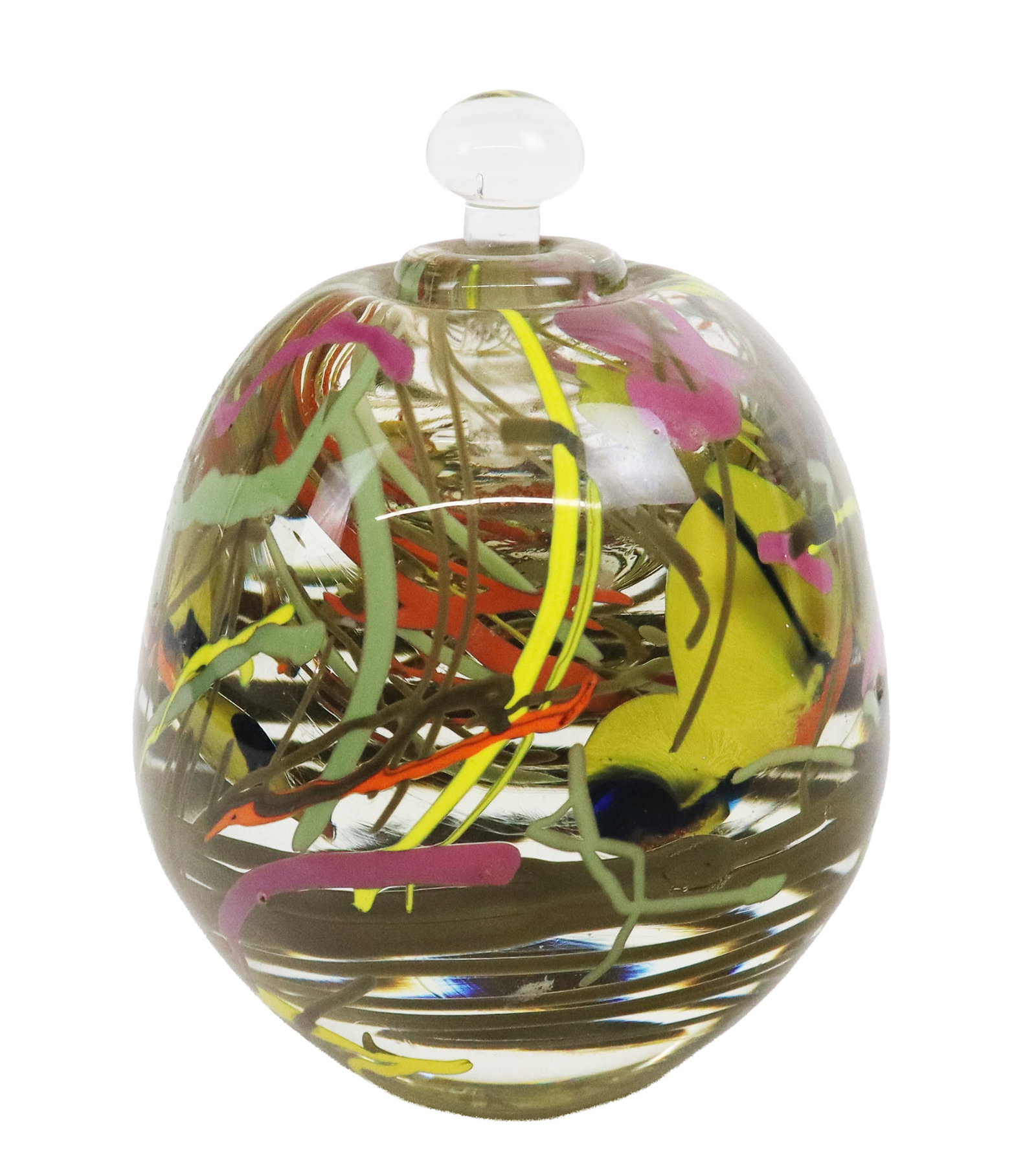 Leon Applebaum Art Glass Perfume Bottle: Leon Applebaum art glass perfume bottle, signed and dated near base. [6.25" H x 4.25" Diameter]. Overall condition is good, signature rubbed, scratches and wear to base, minor scratches to stopper, or