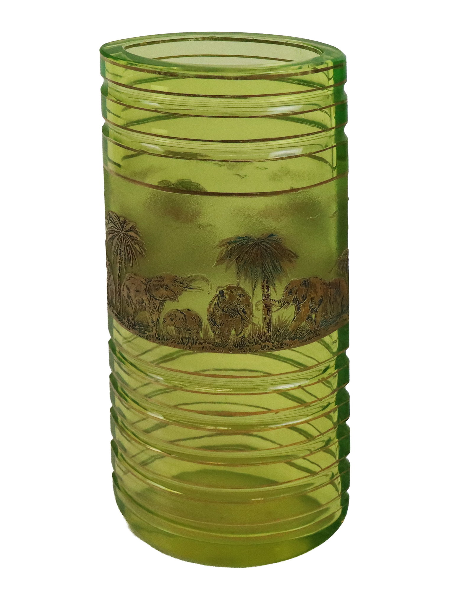 Moser Art Deco Uranium Glass Animor Vase: Moser art deco uranium glass "Animor" vase, circa 1920-30, of ovoid marquise shaped outline, tapering and notched with band outlined with gilded lines, complimented by a wide band employing the oropla