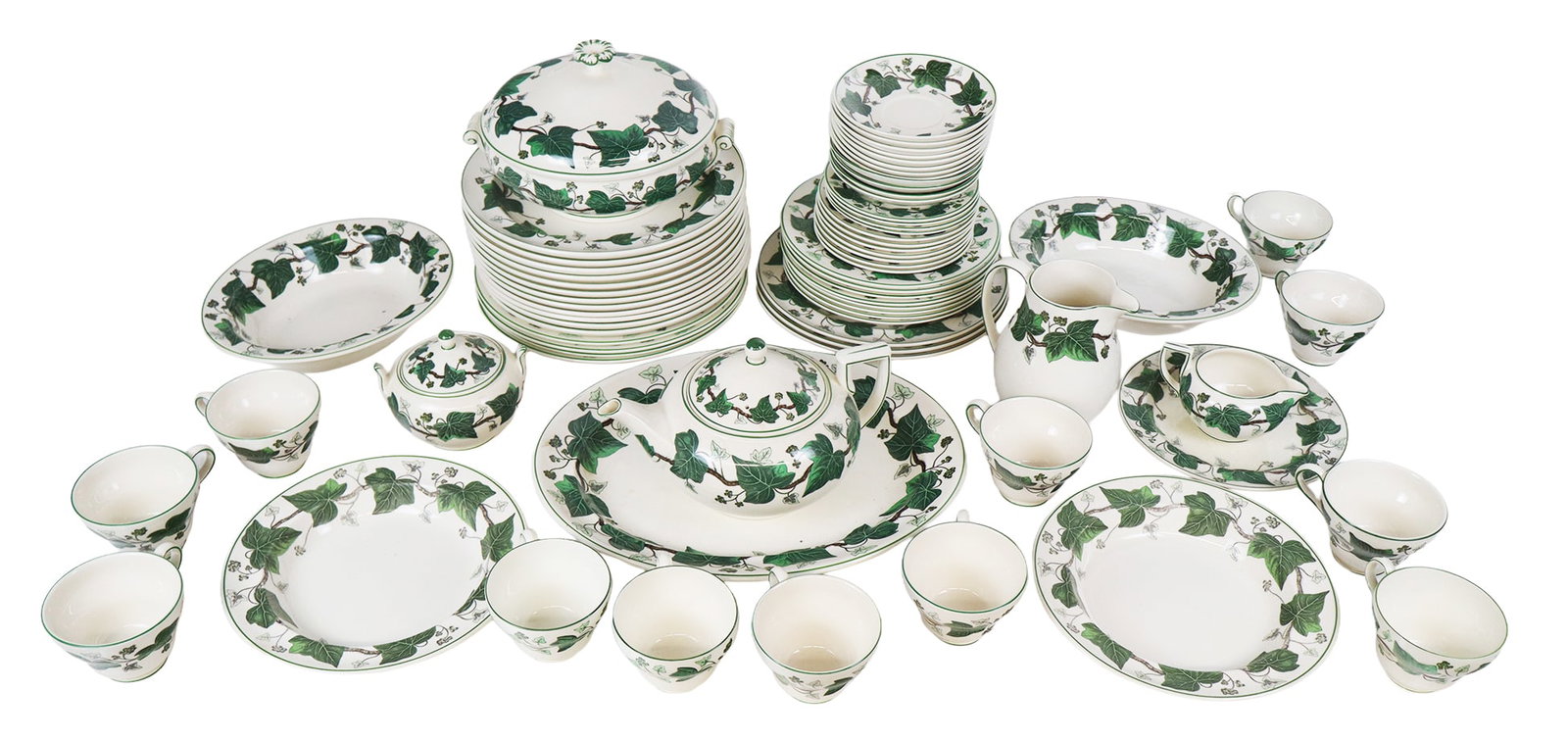Wedgwood "Napoleon Ivy" Porcelain Dinner Set, 70: Wedgwood "Napoleon Ivy" porcelain partial dinner service, comprising: an oval serving platter [14" L x 11.5" W], pair of oval vegetable dishes [10" L x 8.25" W], a covered tureen [5.5" H x 10" W x 8.5