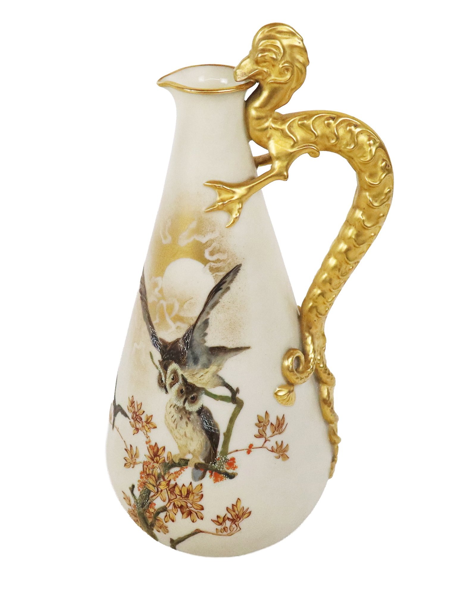 Royal Worcester Blush Ivory Ewer: Royal Worcester blush ivory porcelain dragon handled owls by moonlight decorated ewer, English, last quarter of the 19th century, possibly painted by Charles Baldwyn, marks to base. [9.25" H x 4" W x 