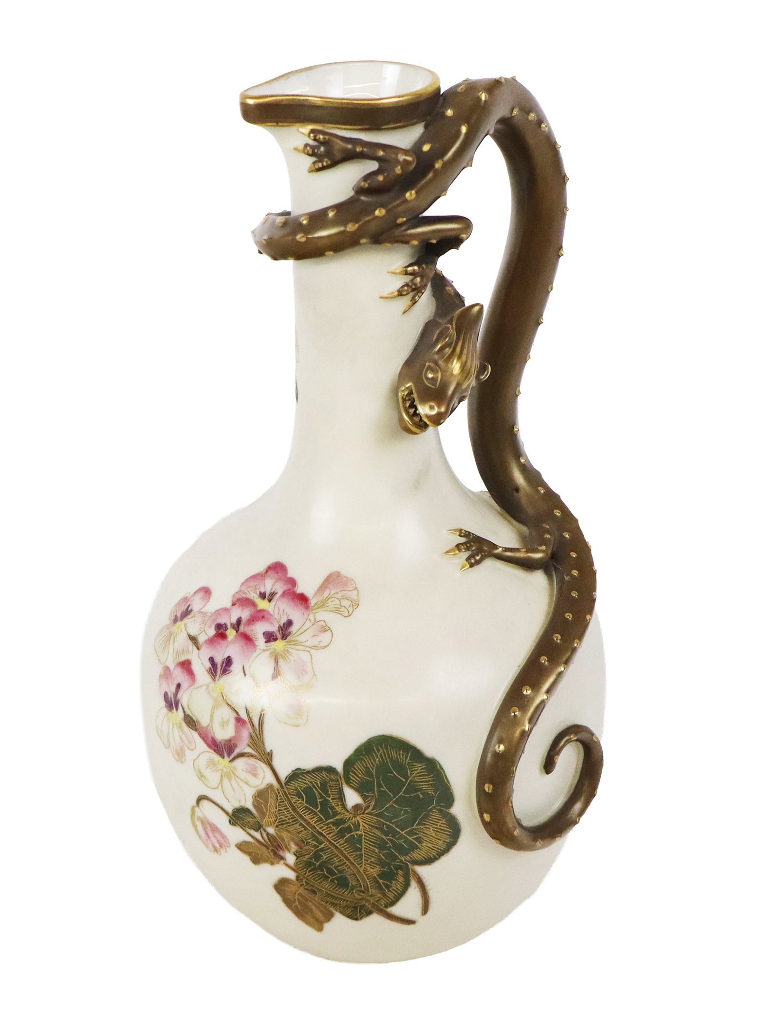 Royal Worcester Blush Ivory Porcelain Ewer: Royal Worcester blush ivory porcelain lizard handled and flower decorated ewer, English, 1885, marks to base. [9" H x 4.75" Diameter].. Overall condition is good.