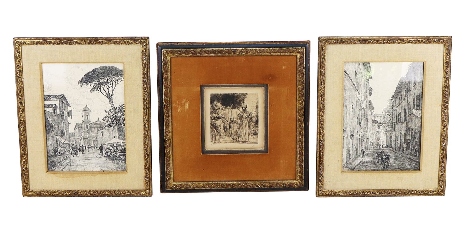 Marius BAUER Figural Engraving, & 2 Others (3): Marius Alexander Jacques Bauer (Dutch, 1867-1932) antique figural etching, initialed in pencil lower right "MB" and numbered lower left "No. 28," with velvet mat and wood frame. Together with a pair o