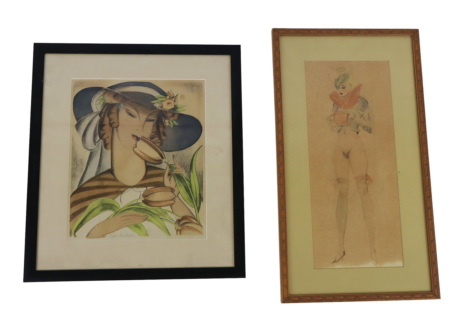 2 Decorative Artworks, Print & Drawing: Group of two decorative artworks, including a portrait of a woman in a hat by Helen Lamberton (American, 20th century), together with a pin-up style portrait of a woman with no apparent signature, art