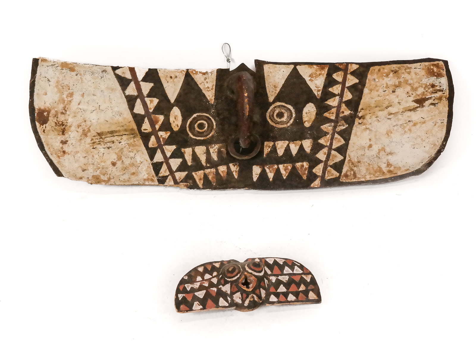 Carved & Painted African Bwa Butterfly Mask (2): Large Hand-Carved and Painted West African Bwa Butterfly / Hawk Mask / Wall Hanging, Burkina Faso, having geometric designs to the front and a black and white checkerboard to the reverse. Together wit