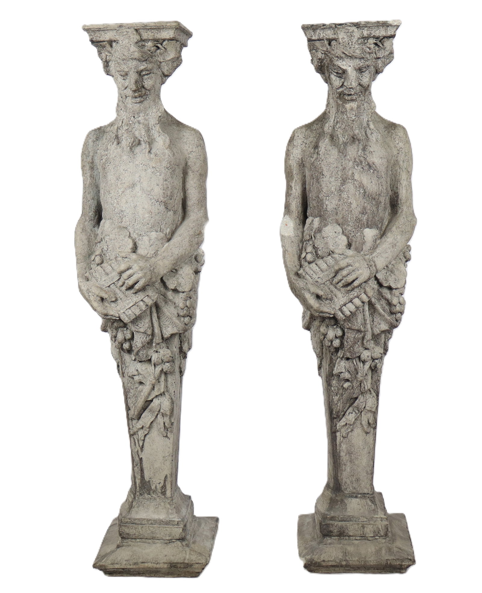 Pair of Faux Stone Pan form Pedestals: Pair of faux stone pedestals, 20th century, in the form of the flute playing Pan, with concrete construction and a distressed finish. [59" H x 16" W x 14" D]. Condition is good.