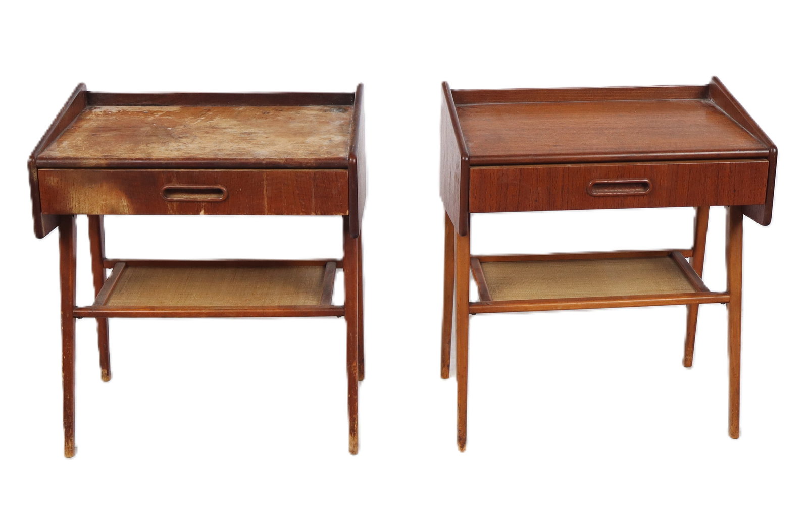 Pair of Mid-Century Modern Teak Side Tables: Pair of Mid-Century Modern teak side tables, Scandinavia, circa mid-20th century, with two tiers, and a single drawer, lower tier with grass cloth detail, each unmarked. [21" H x 19" W x 12.5" D]. Con