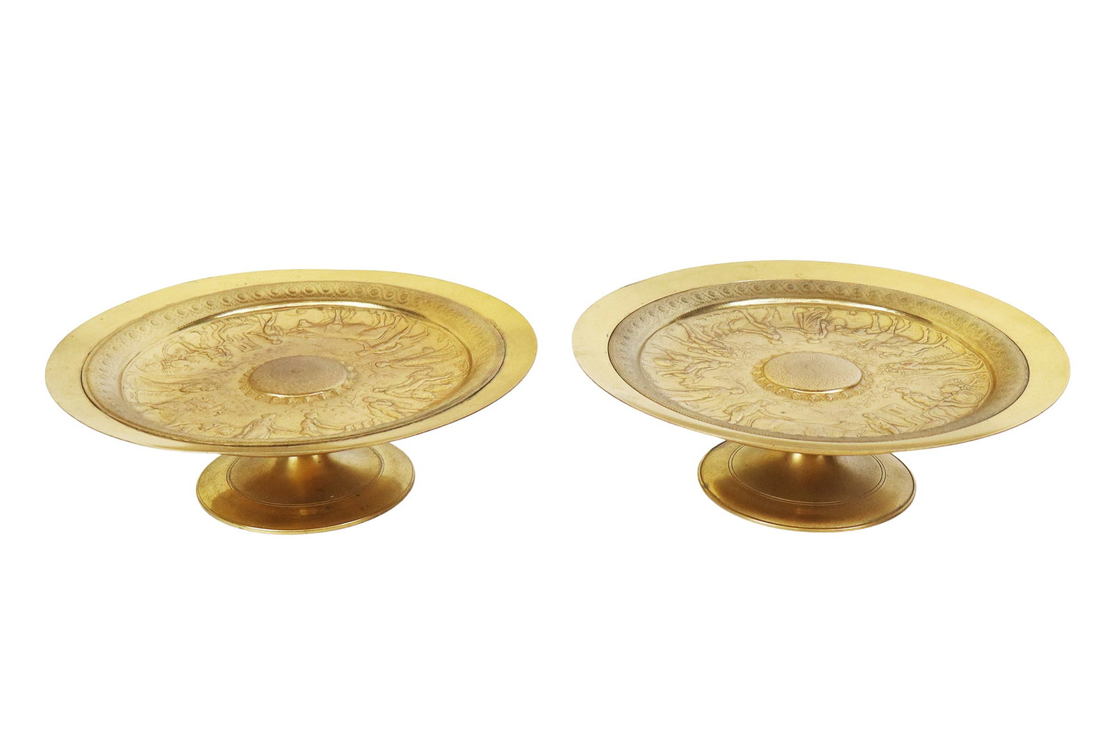 F. LEVILLAIN Pair of Neo-Greek Bronze Tazzas: Ferdinand Levillain (French,1837-1905) Pair of Neo-Greek gilt bronze tazzas, French, probably late 19th century, the shallow bowl in bas-relief depicting scenes from life, signed on the top " F Levill