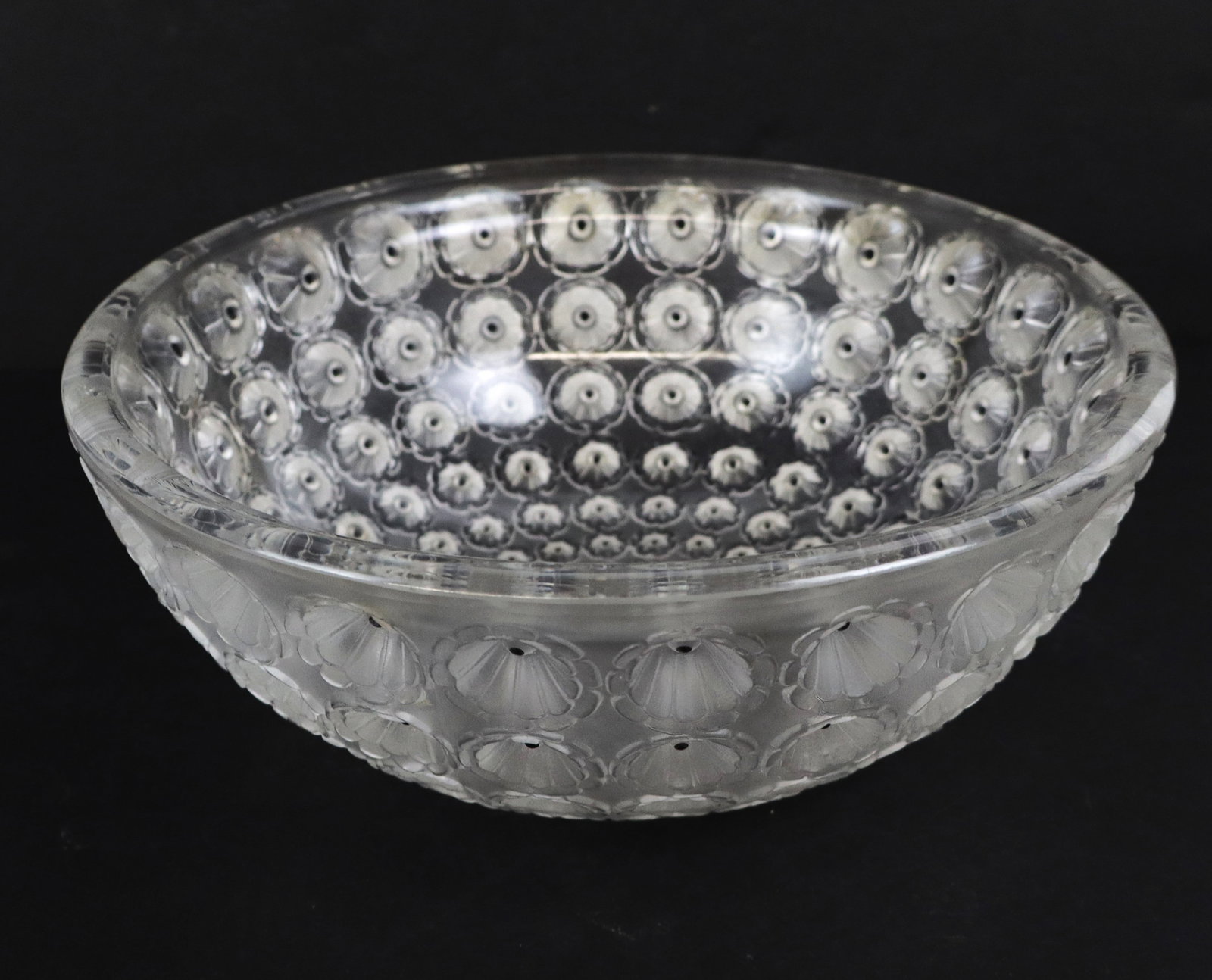 Lalique "Nemours" Glass Bowl: Lalique "Nemours" glass bowl, France, probably late 20th century, designed by Rene Lalique in 1929, with satin finish, set with bands of graduating poppy flower heads in sunk relief, signed on the bas