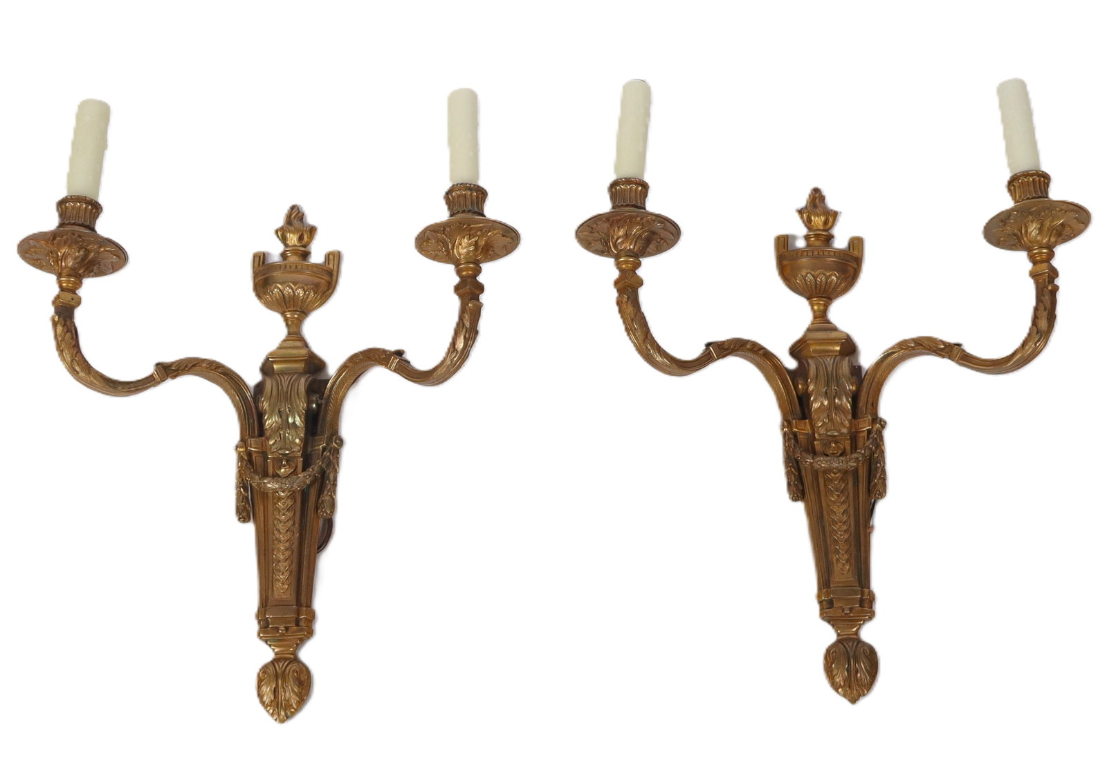 Pair of Louis XVI Bronze Dore Sconces: Pair of Louis XVI bronze dore sconces, France, 19th century, with two arms and urn and swag decoration. [20" H x 15.25" W x 5.5" D]. Condition to each is good, recently rewired.