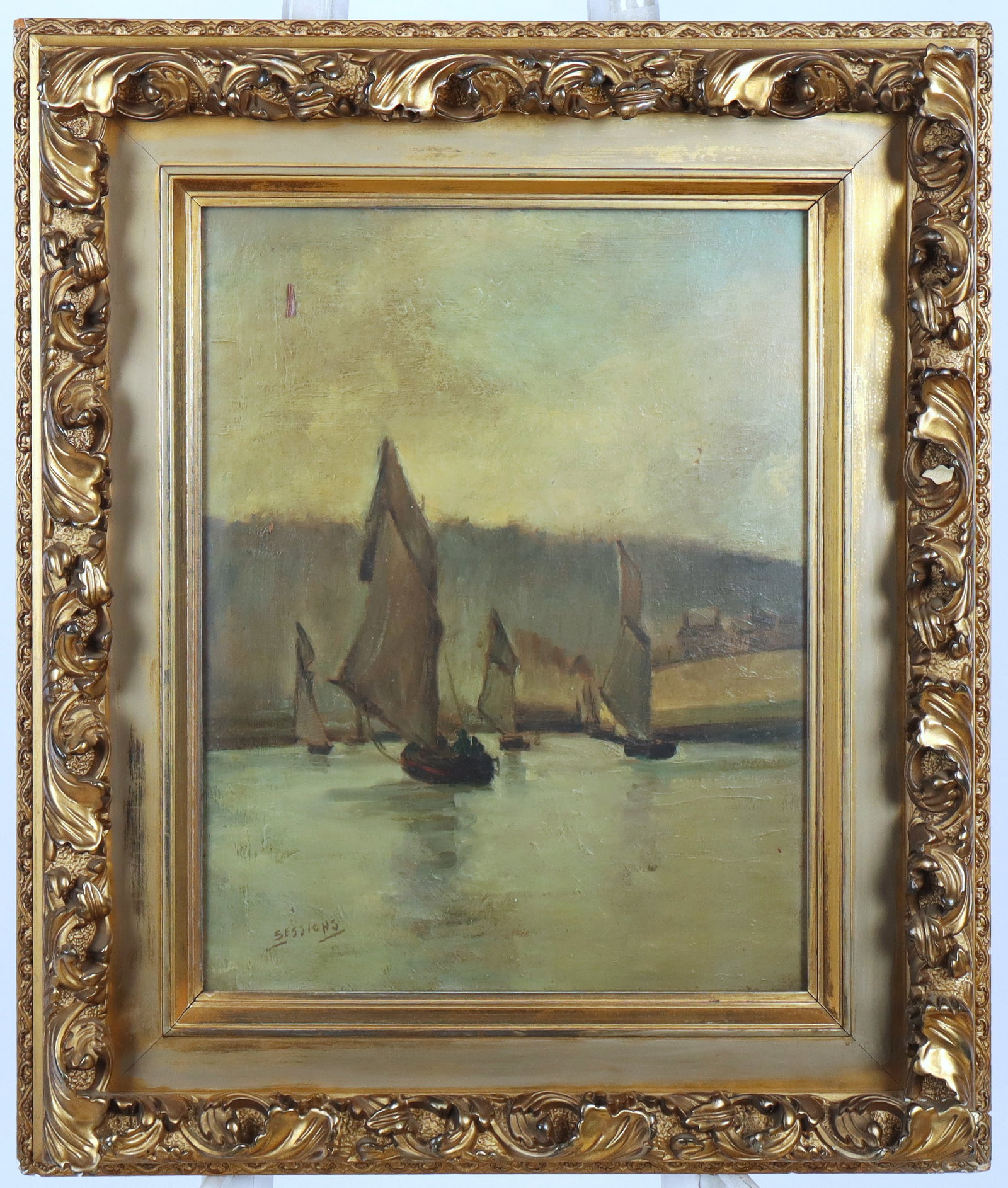 Impressionist Oil on Canvas Seascape, Sessions: Impressionist oil on canvas seascape, 19th century, signed Sessions to lower left, and housed in a gilt frame, behind glass. [Framed: 29" H x 22" W]. Condition is good.