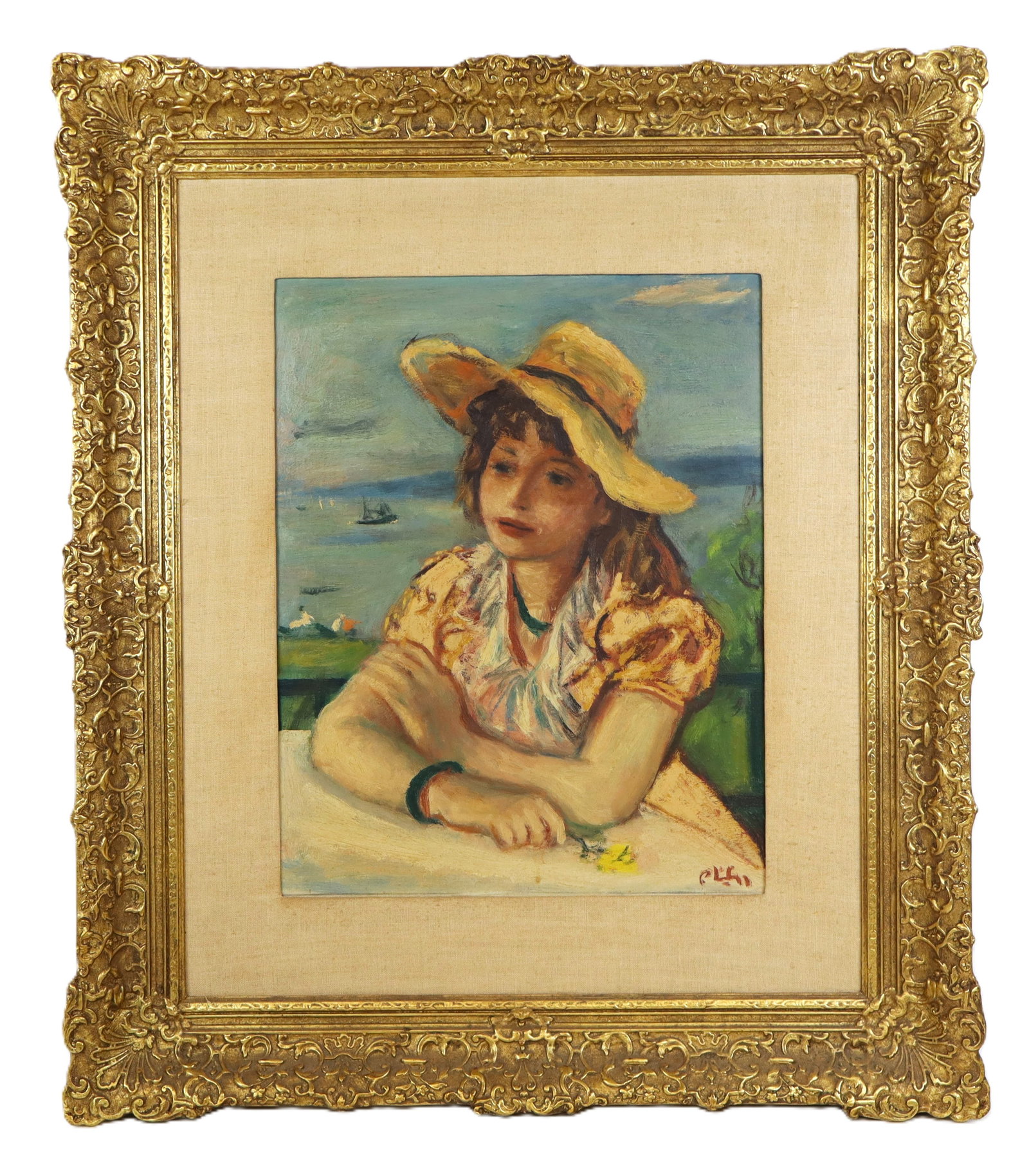 Robert PHILIPP Oil on Canvas Portrait of a Girl: Robert Philipp (American, 1895 - 1981) oil on canvas portrait of a girl before a landscape, with the artist's signature to lower right, in a gilt frame. [Framed: 31" H x 26" W]. Condition is good.