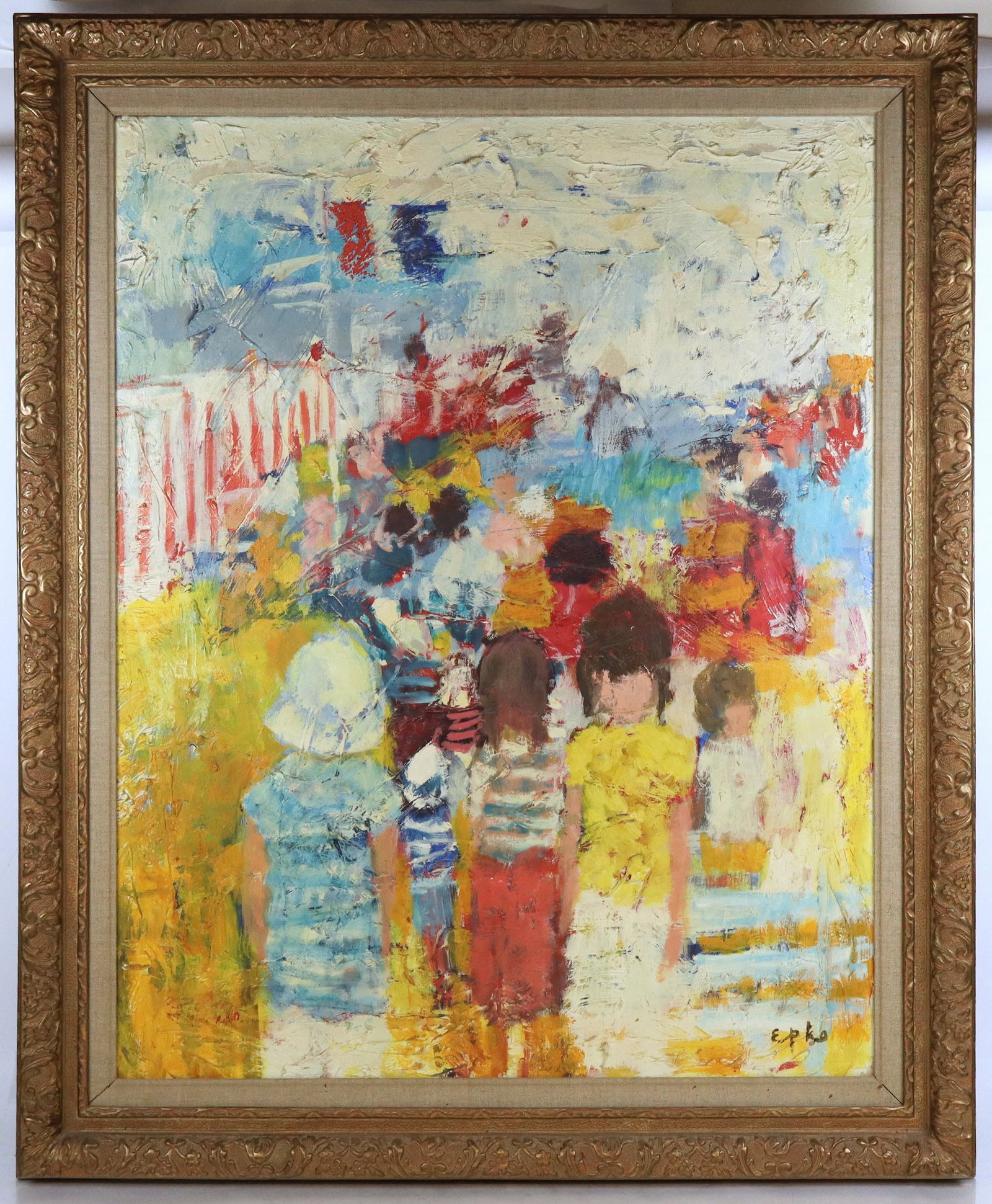 Epko Willering Figural Oil on Canvas: Epko Albert Jan Willering (Dutch, b 1928) oil on canvas with figures and impasto detail, signed Epko to lower right, in a frame, with partial labels to reverse. [Framed: 43" H x 35.5" W]. Condition is