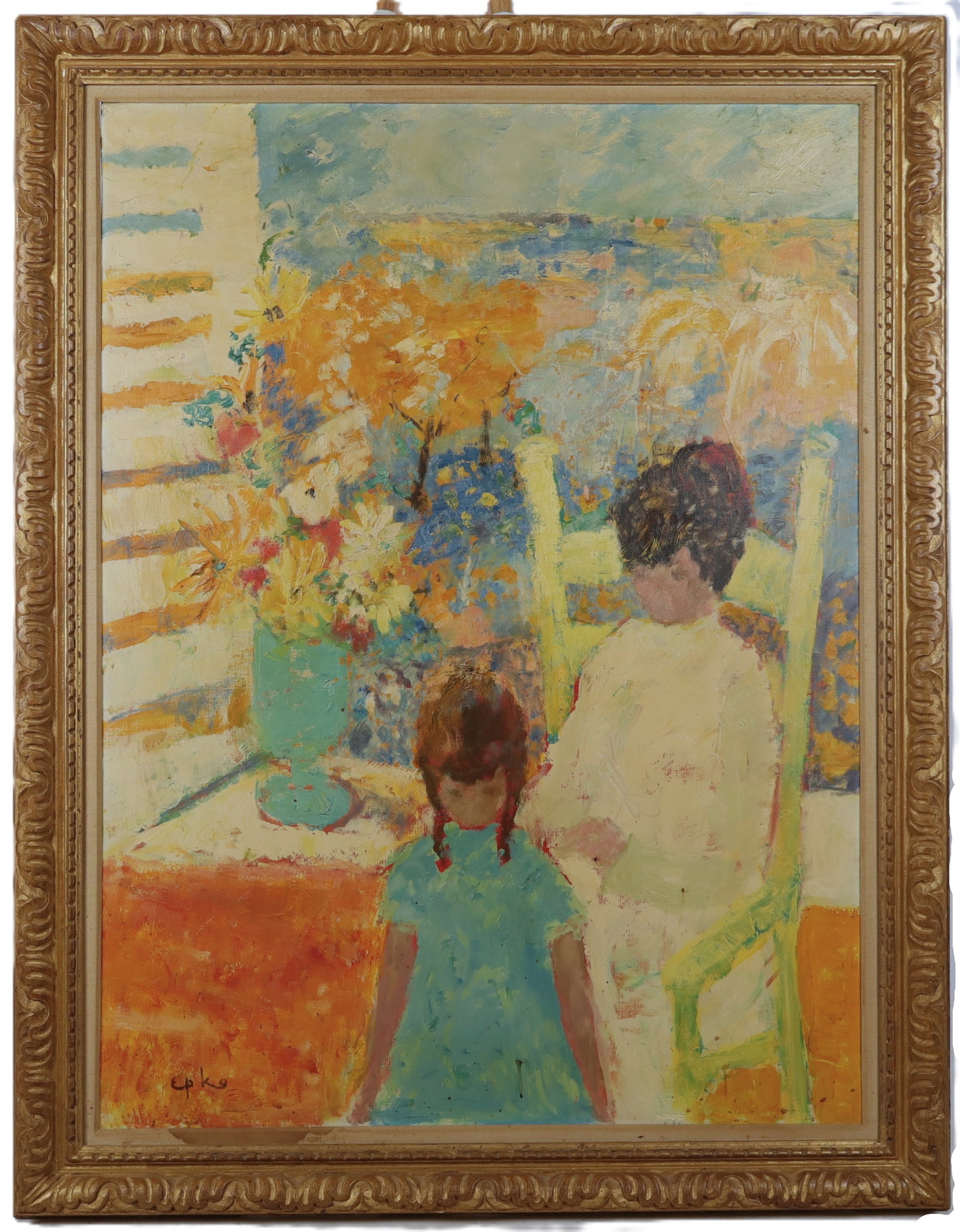 Epko Willering Oil on Canvas with Mother and Child: Epko Albert Jan Willering (Dutch, b 1928) oil on canvas wit mother and child and impasto details, signed Epko to lower, in a gilt frame. [Framed: 60.25" H x 46" W]. Condition is good.