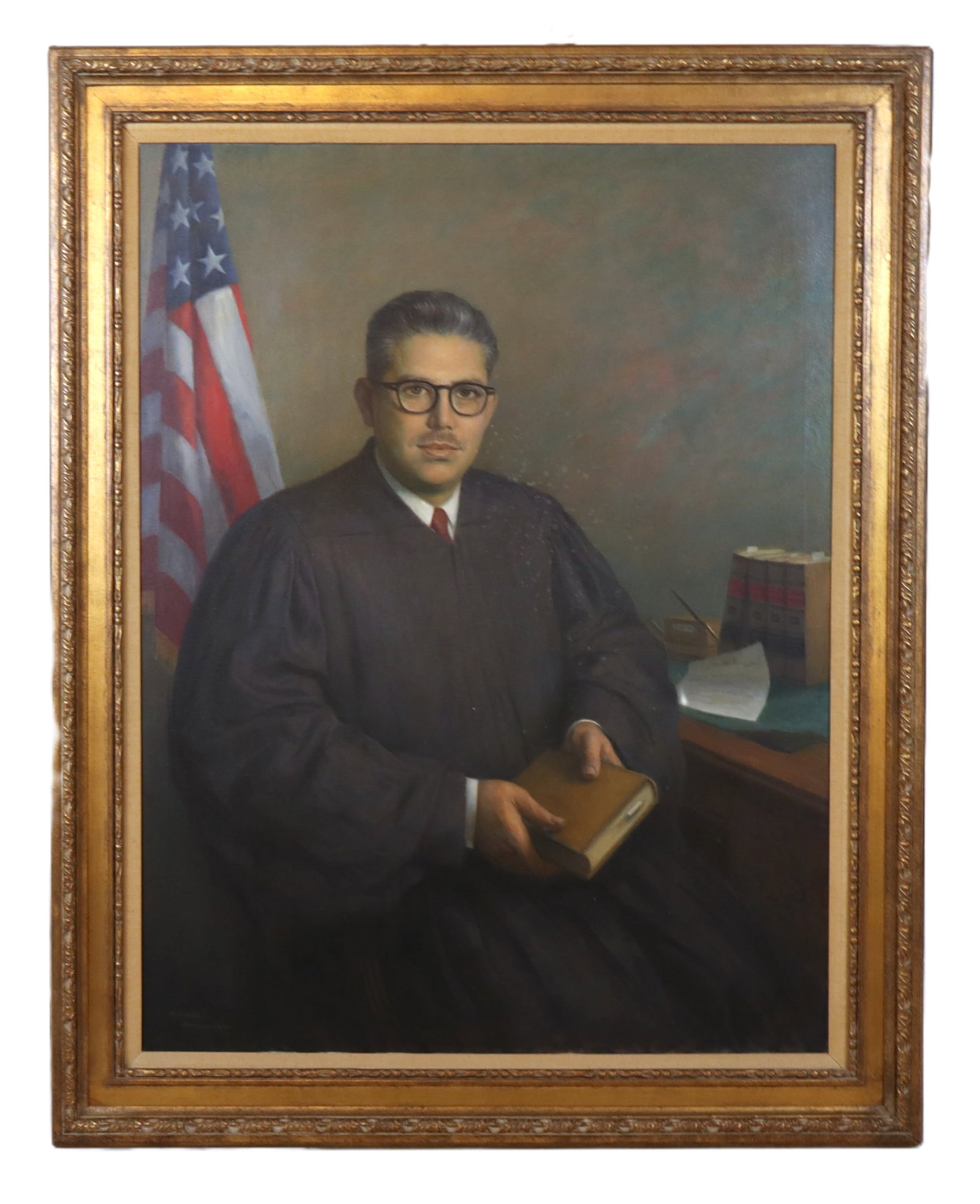 Michael HONIGSBERG Portrait of Justice Postel: Michael Honigsberg (American, b. 19th century) oil on canvas portrait of New York State Supreme Court Justice George Postel, signed to lower left, with a dedication at verso, in a frame. [Framed: 55" 