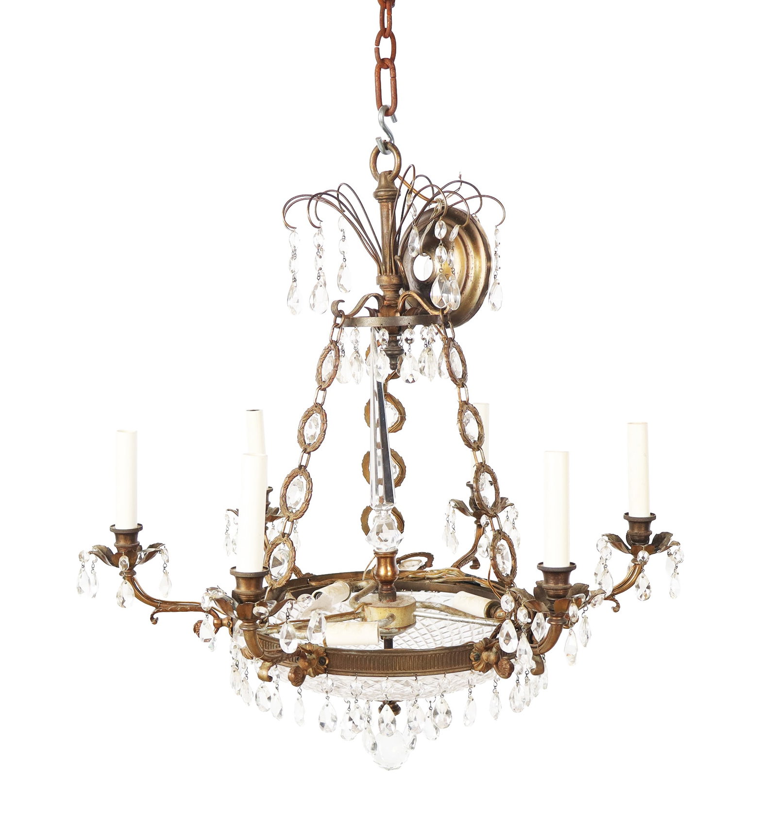 Louis XVI Six-Light Chandlier: Louis XVI six-light chandelier, France, 20th century, with a gilt metal frame and faceted glass detail and flowers, and three additional lights to interior. [24" H x 25" Diameter]. Condition is good w